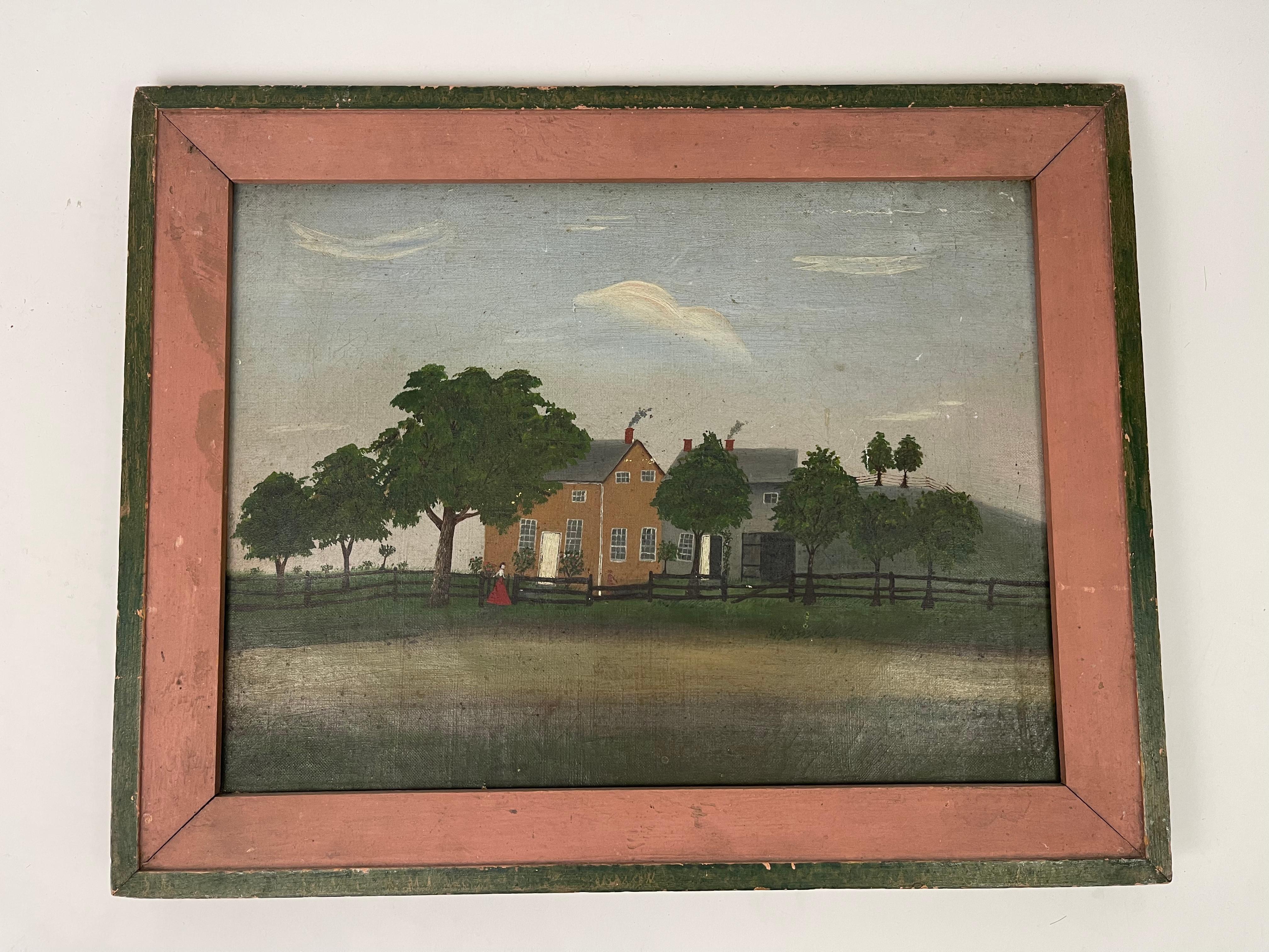 A charming 19th century oil on canvas American folk art portrait painitng of a farmhouse, in an early, if not original, salmon pink and green painted wood frame. The mustard yellow farmhouse with white door has a grey barn attached. There is smoke