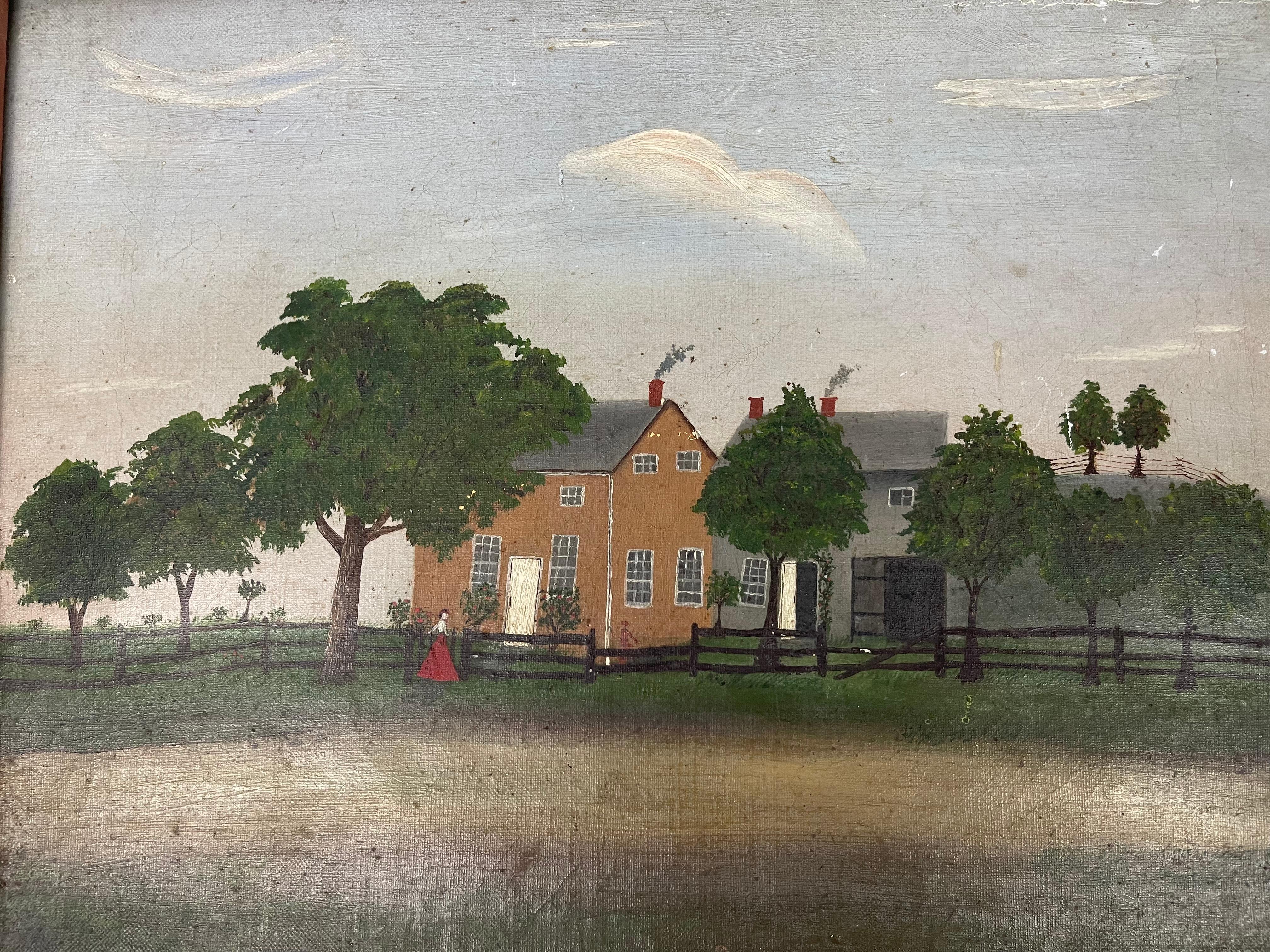 Hand-Painted 19th Century American Folk Art Portrait Painting of a Farmhouse 