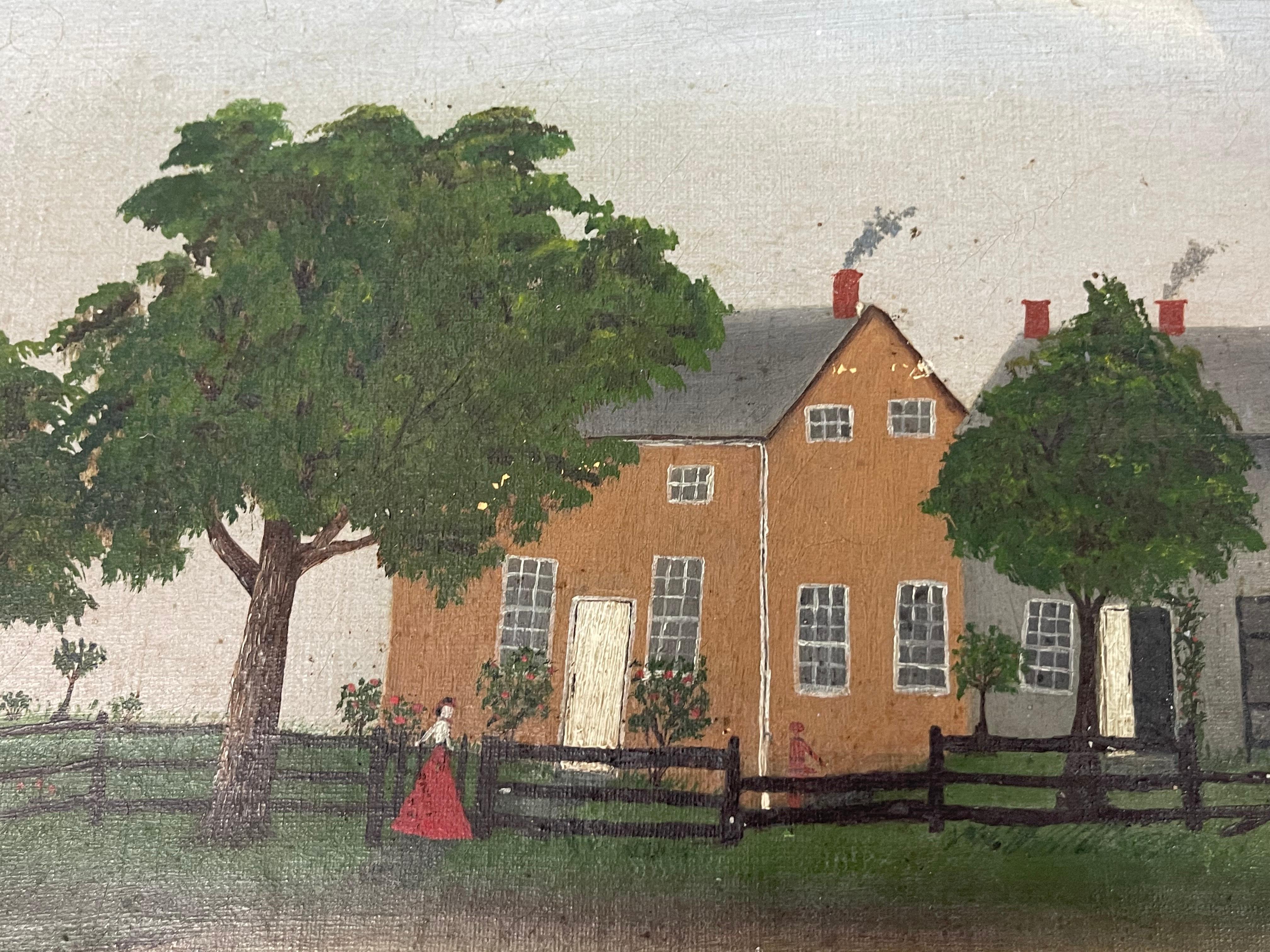 19th Century American Folk Art Portrait Painting of a Farmhouse  In Good Condition In Essex, MA