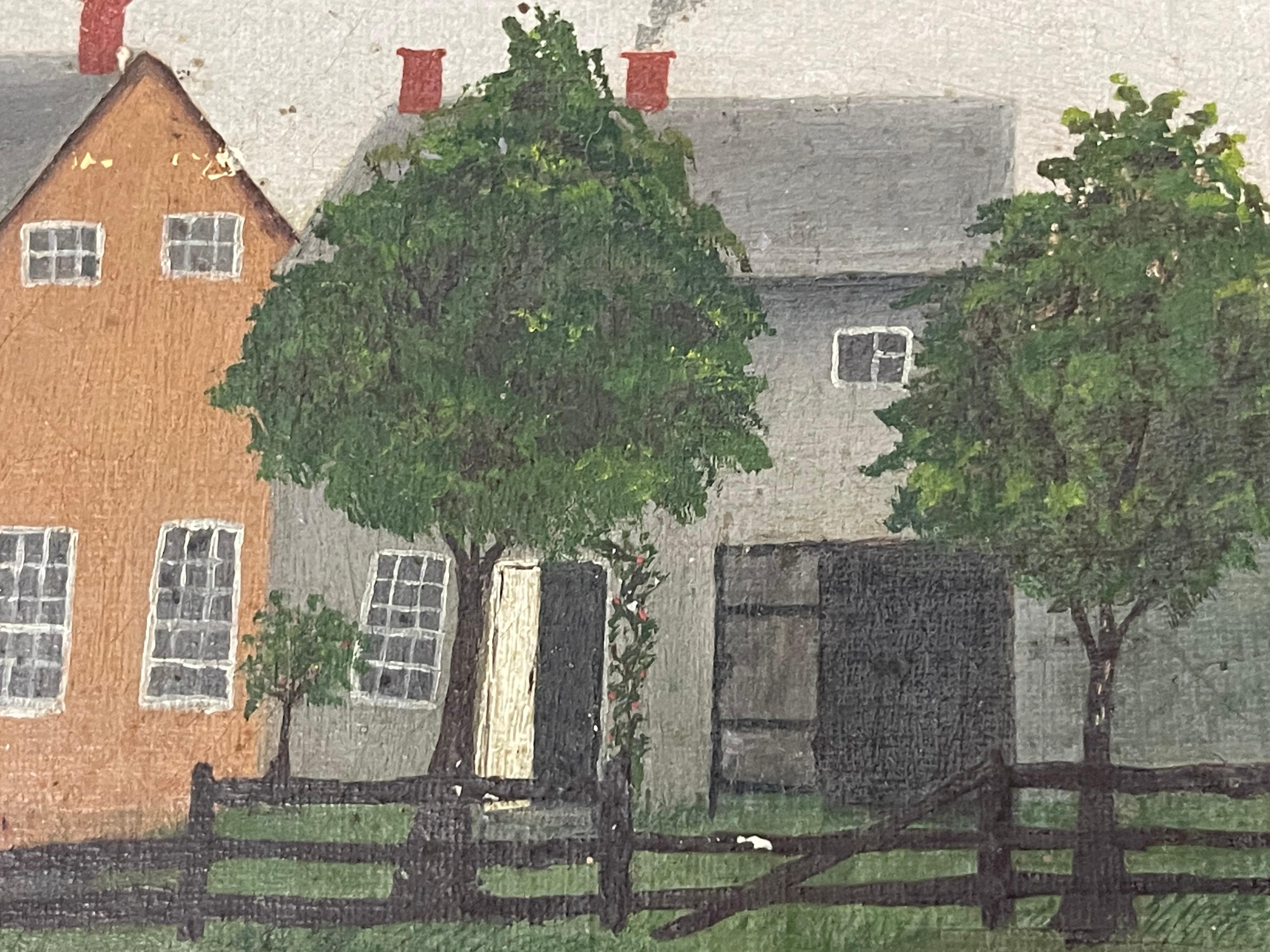 Canvas 19th Century American Folk Art Portrait Painting of a Farmhouse 