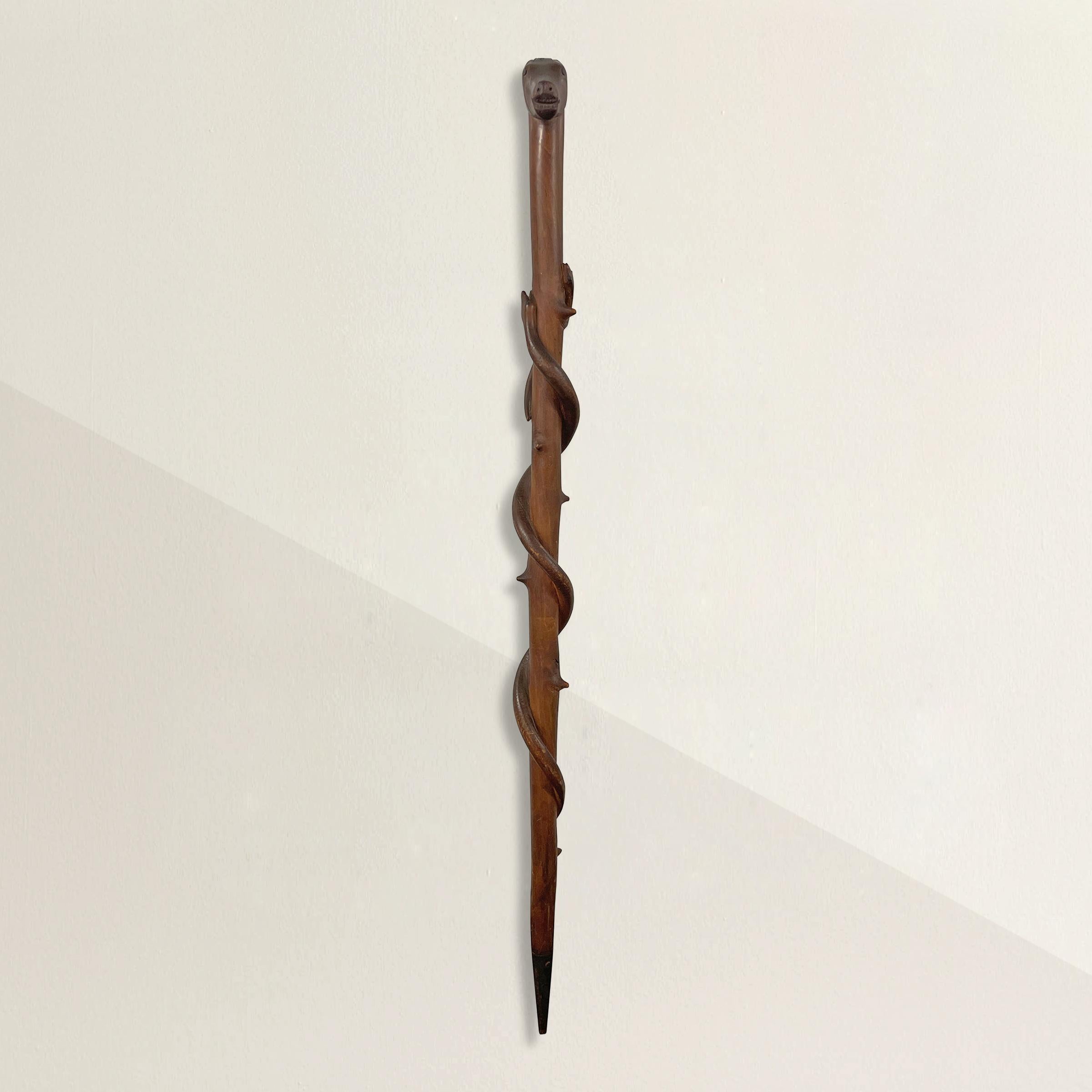 A whimsical late 19th century American Folk Art carved wood walking stick depicting a horse-head handle and a snake chasing a lizard around a thorny staff, with a pointed iron tip. The staff comes with a custom steel wall mount so the staff can be