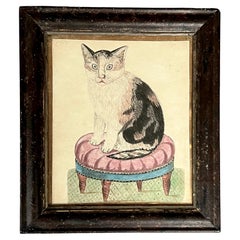 19th Century American Folk Art Watercolor Cat Painting