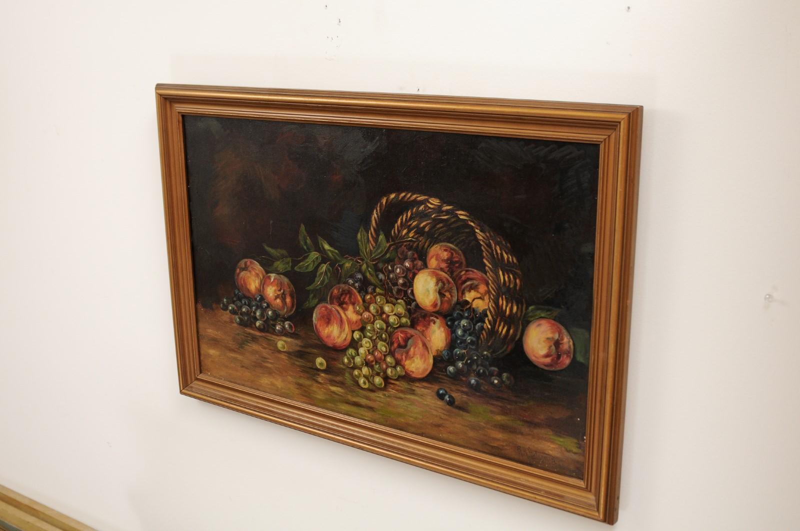 Peinture de nature morte américaine du 19ème siècle encadrée représentant des pêches et des raisins 7