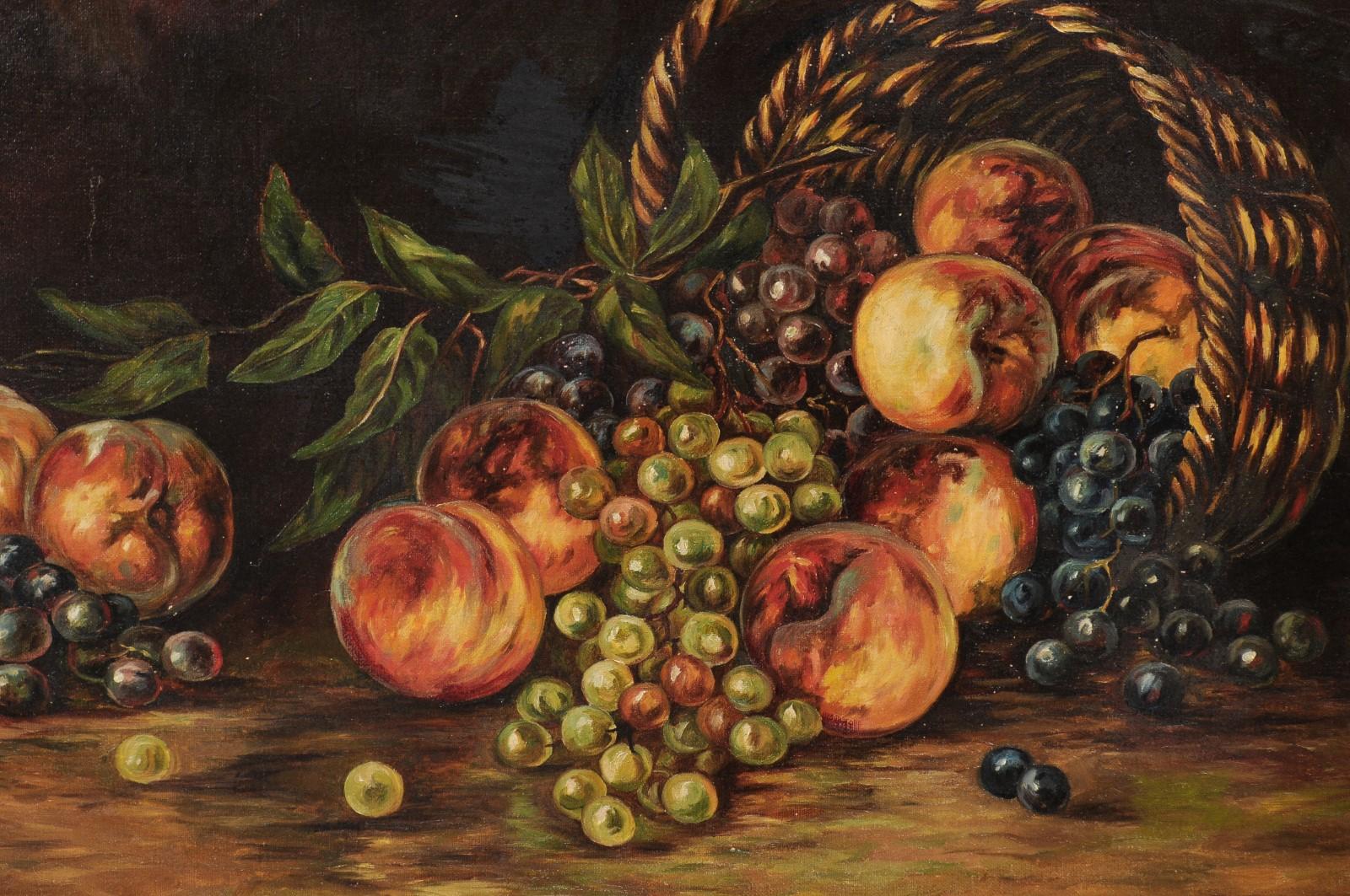 Peinture de nature morte américaine du 19ème siècle encadrée représentant des pêches et des raisins 8