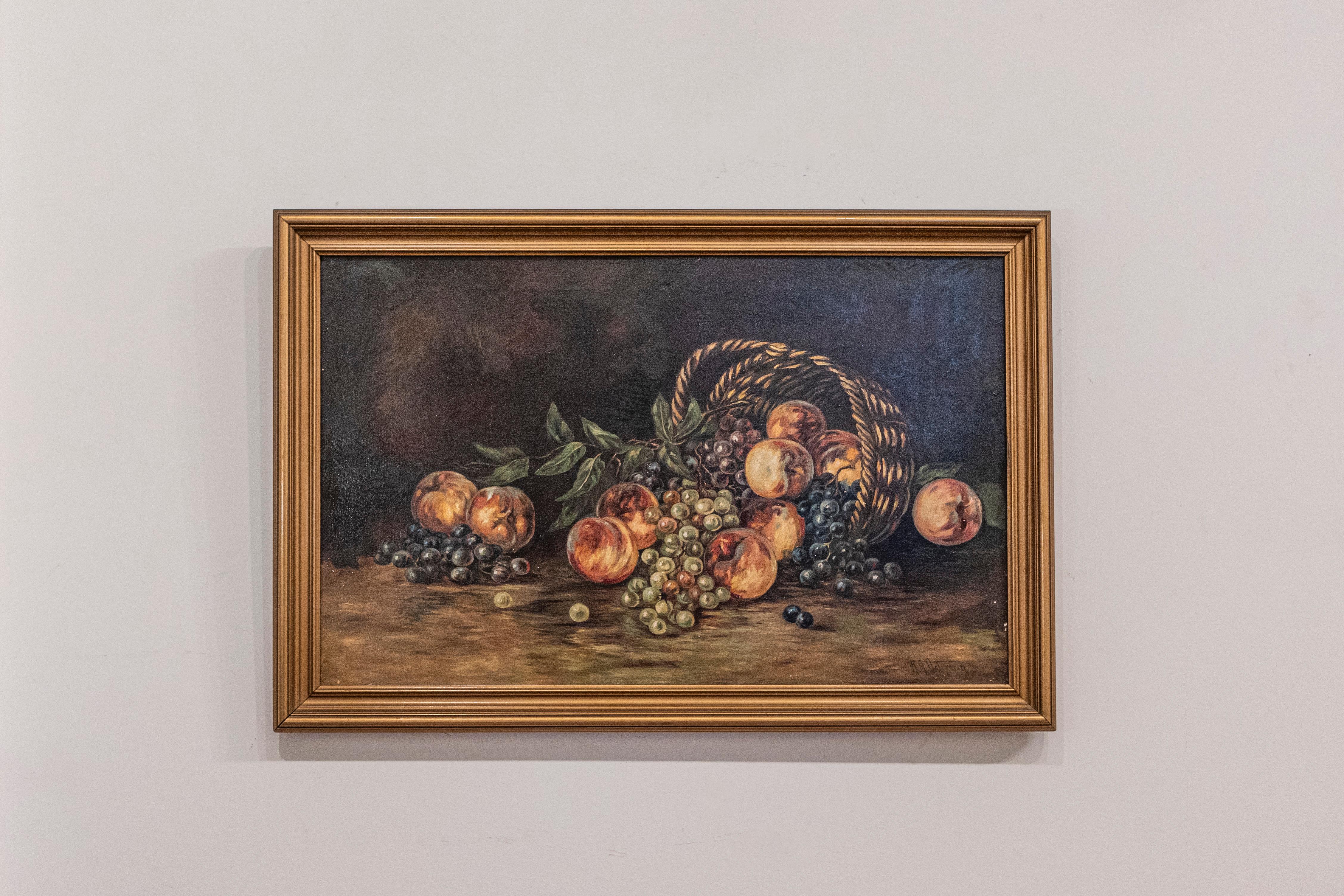 An American still-life oil painting from the 19th century depicting fruits and set in gilt frame. Created in the US during the 19th century, this still-life painting features a dark palette perfectly complimenting the subject. Mouth-watering