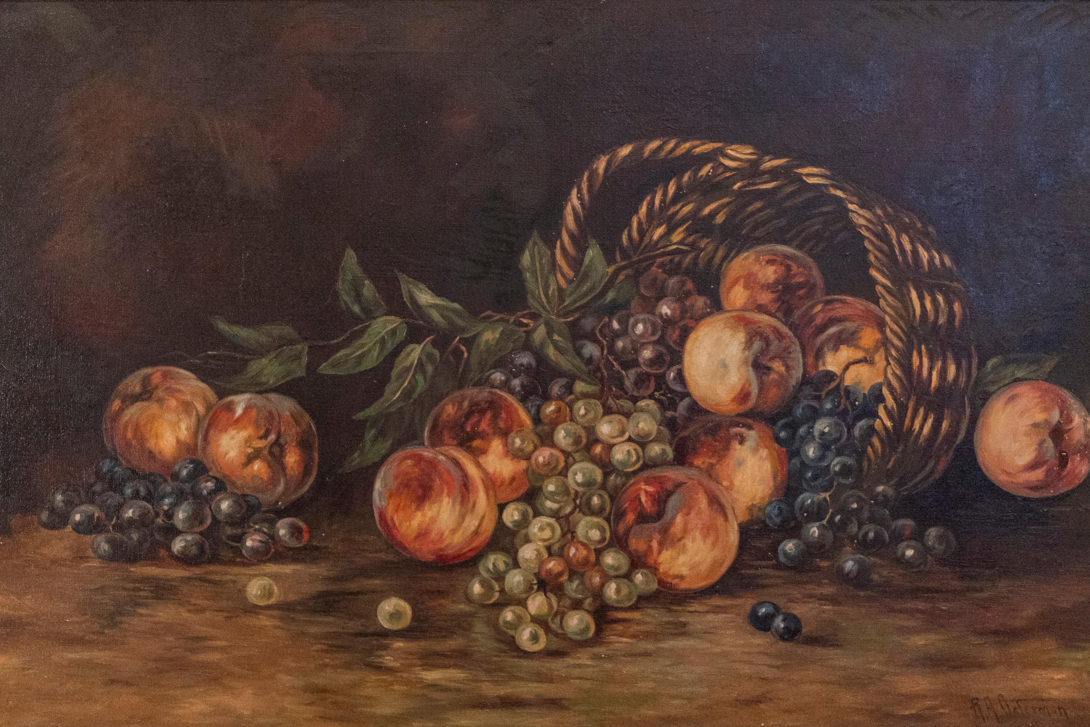 19th Century American Framed Still-Life Painting Depicting Peaches and Grapes In Good Condition For Sale In Atlanta, GA