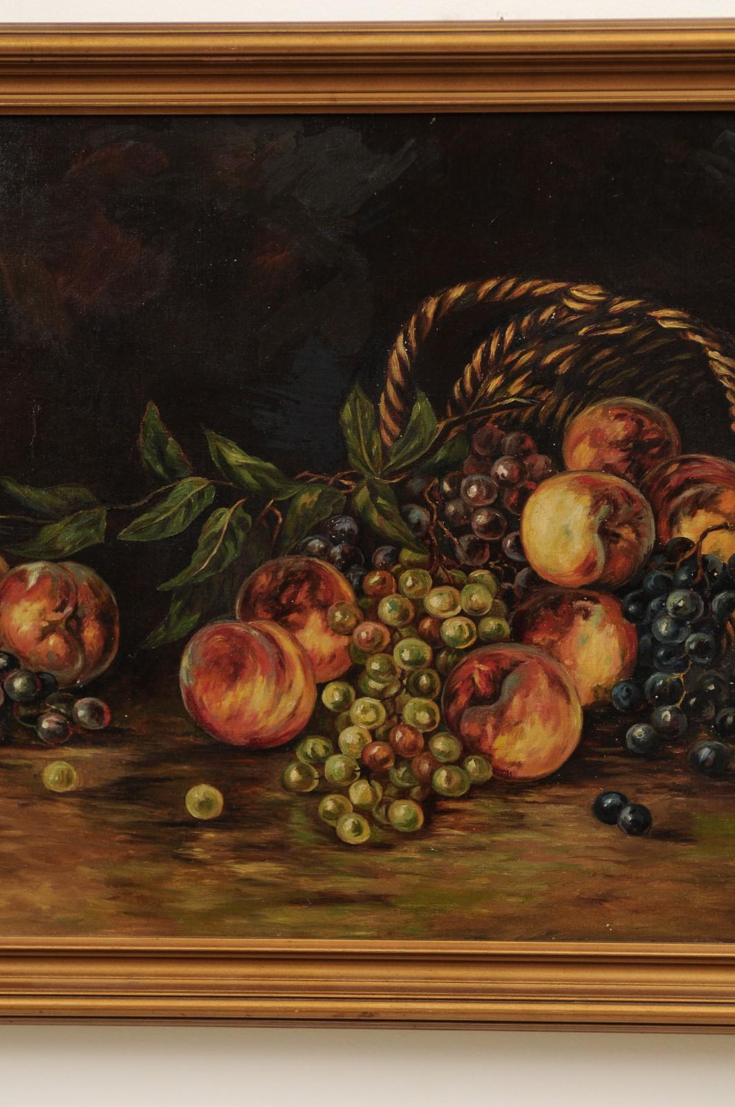 XIXe siècle Peinture de nature morte américaine du 19ème siècle encadrée représentant des pêches et des raisins