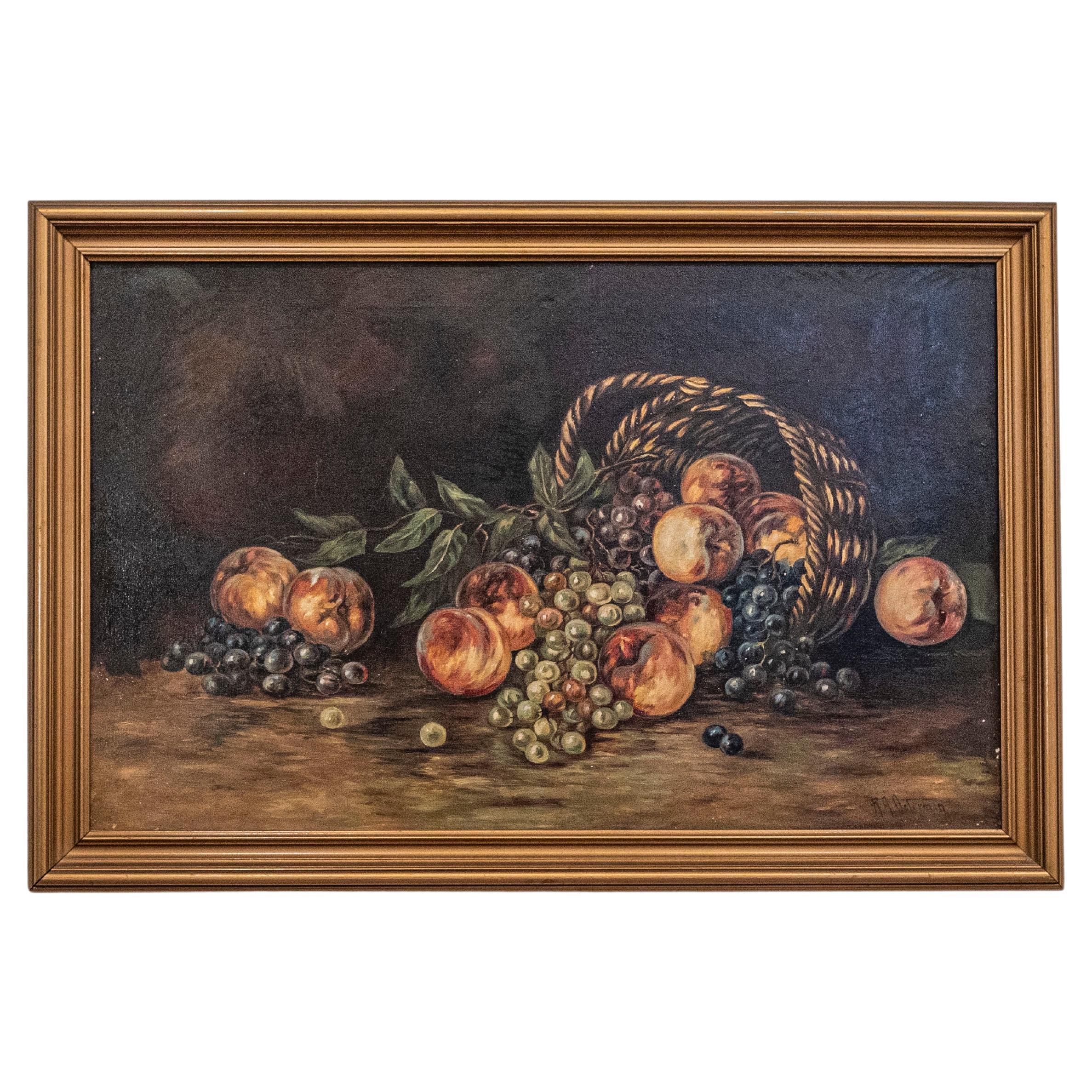 19th Century American Framed Still-Life Painting Depicting Peaches and Grapes For Sale