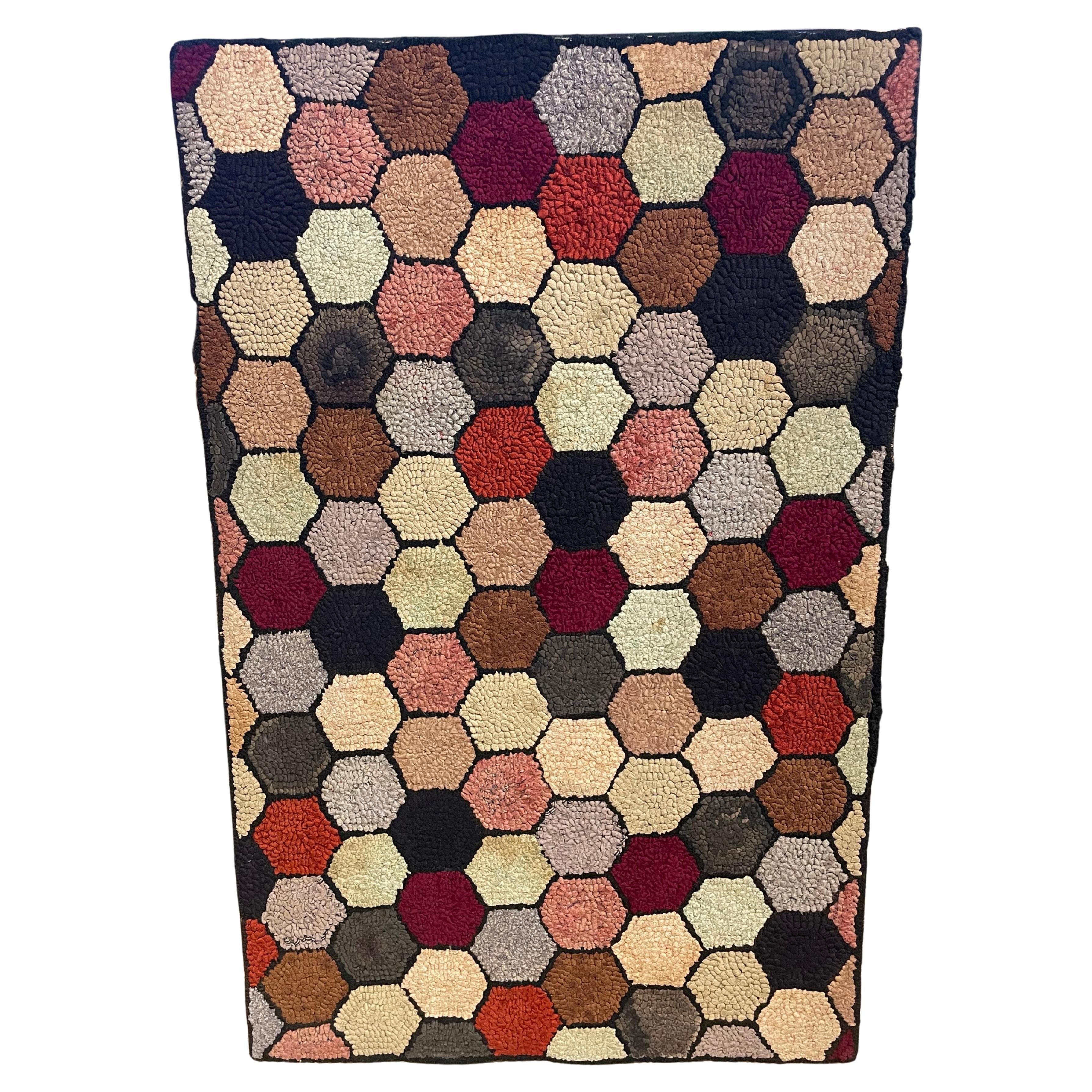 19th Century American Geometric Pattern Mounted Hooked Rug For Sale