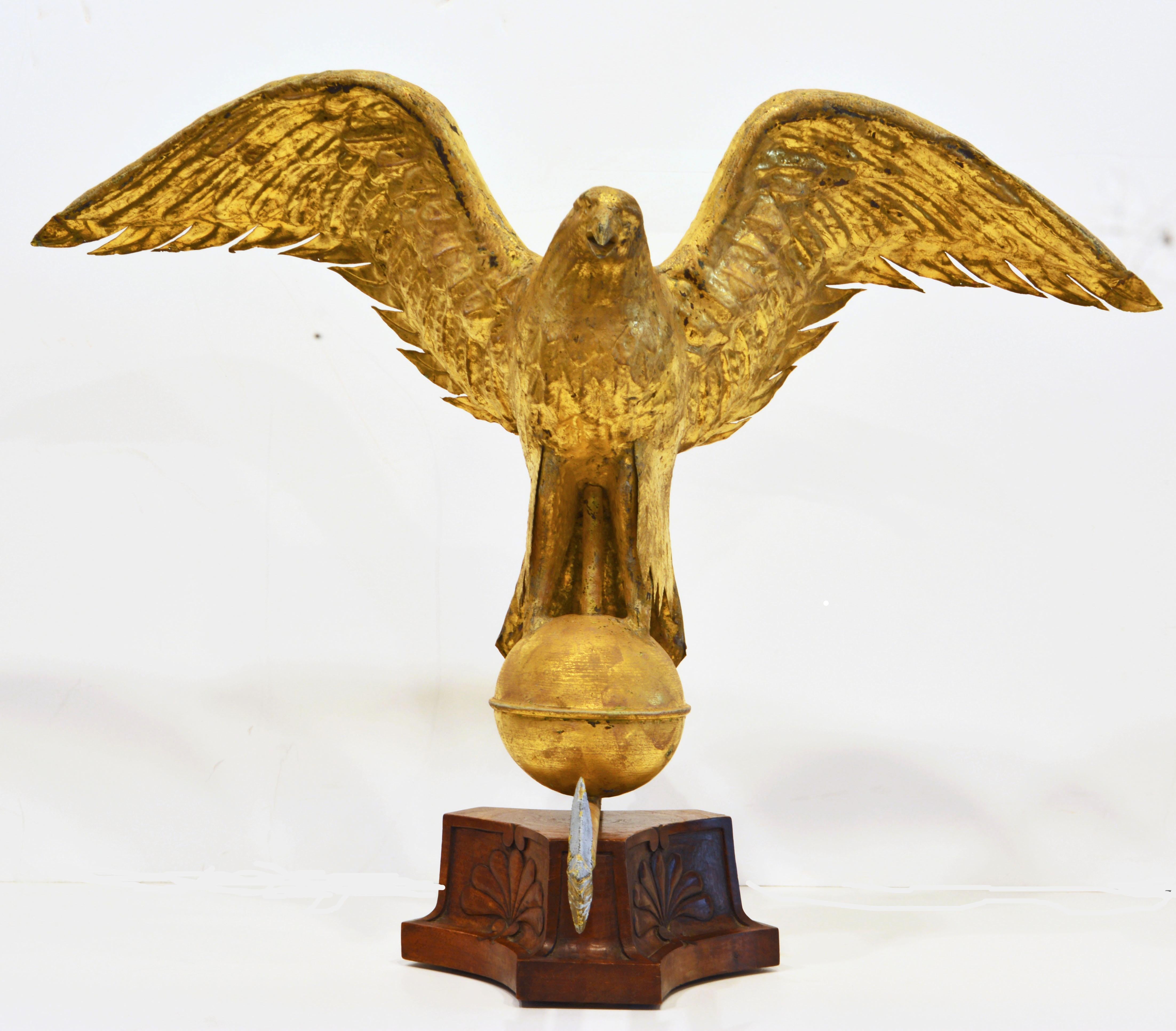 Federal 19th Century American Gilt Eagle Weather Vane Perched on Belted Ball and Arrow