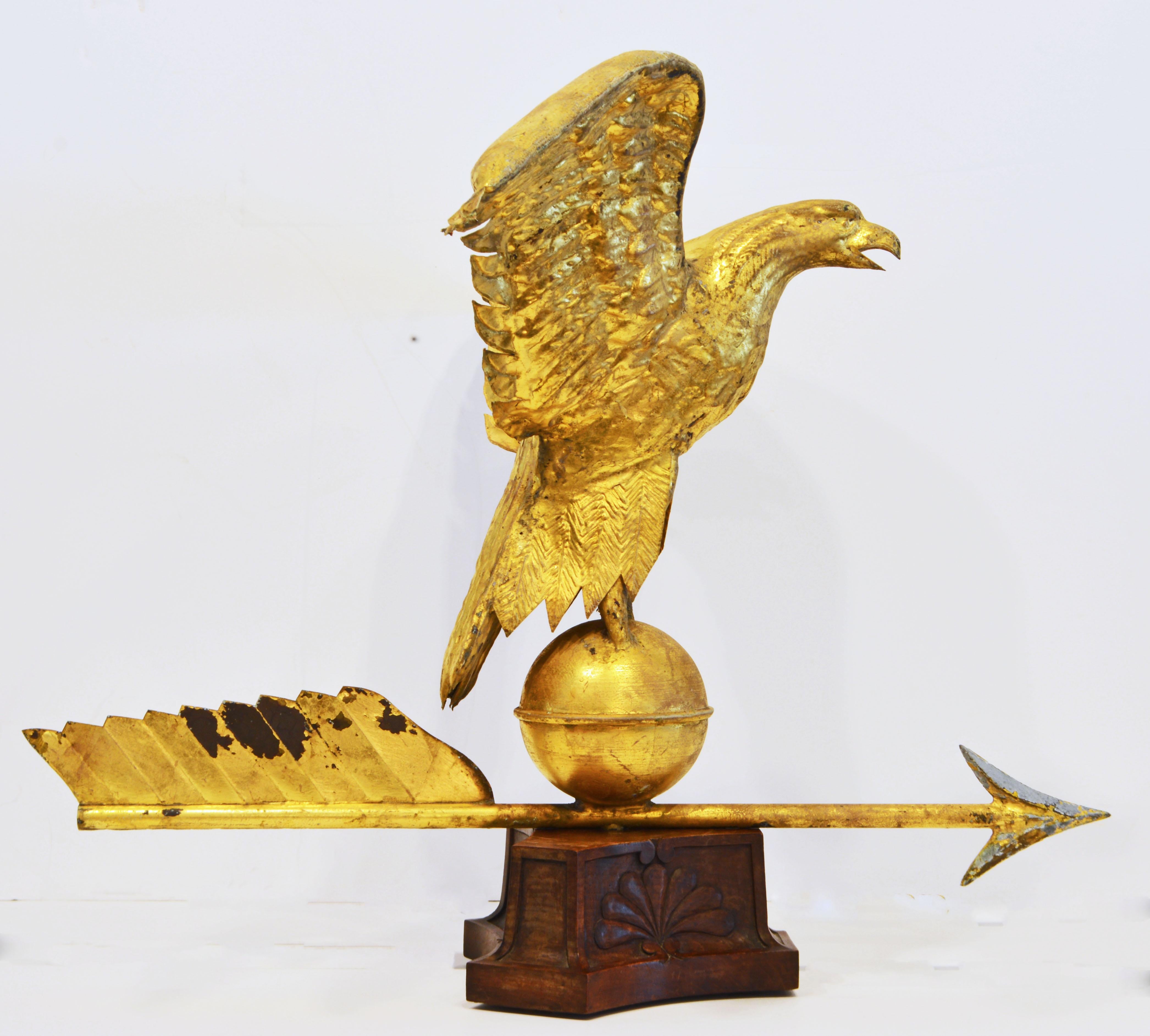 North American 19th Century American Gilt Eagle Weather Vane Perched on Belted Ball and Arrow