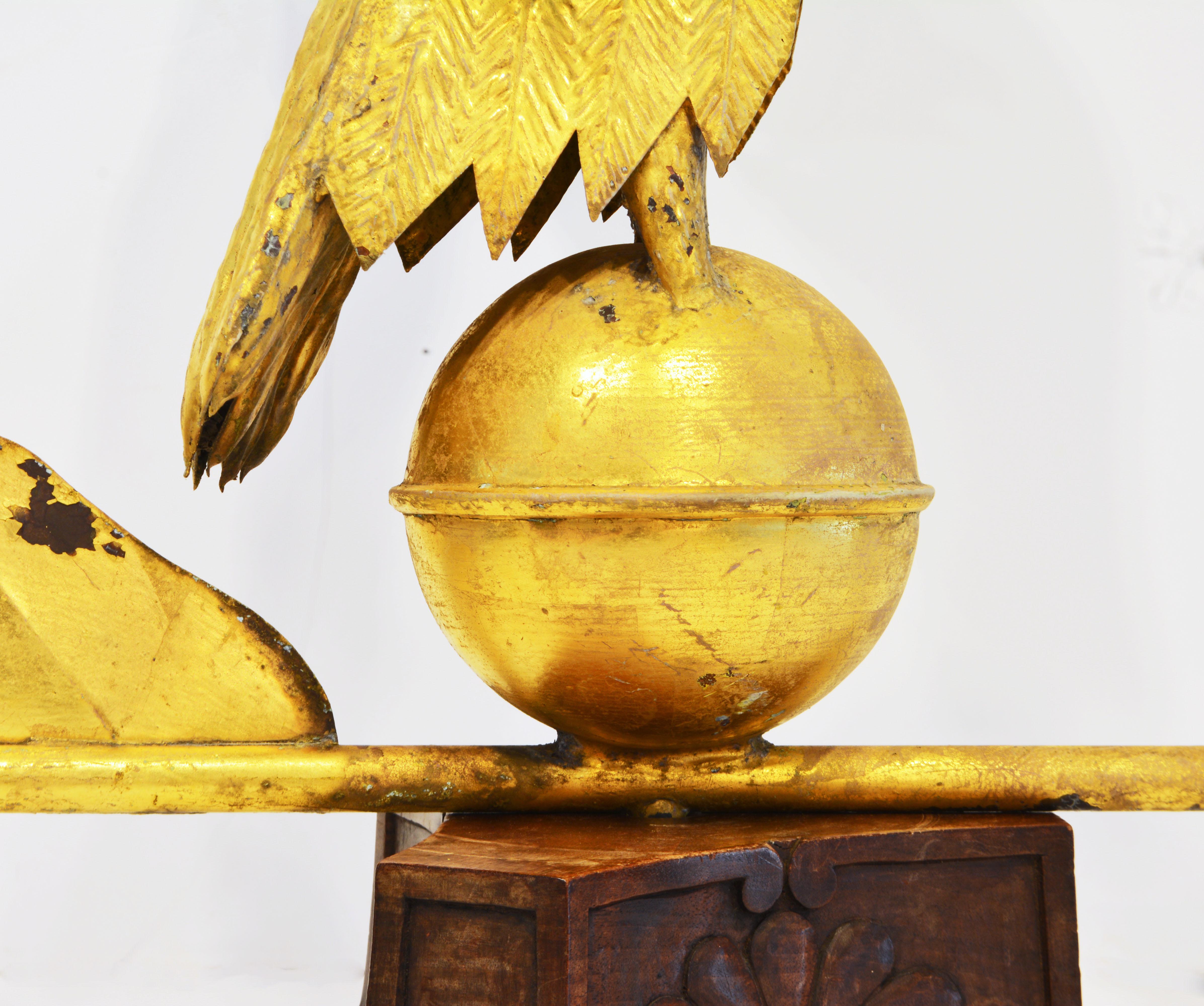 Hand-Carved 19th Century American Gilt Eagle Weather Vane Perched on Belted Ball and Arrow
