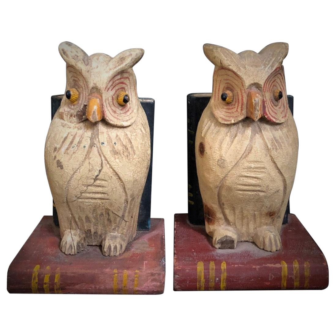 19th Century American Hand Carved and Painted Folk Art Owl Bookends