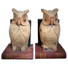 Antique 19th Century American Hand Carved and Painted Folk Art Owl Bookends