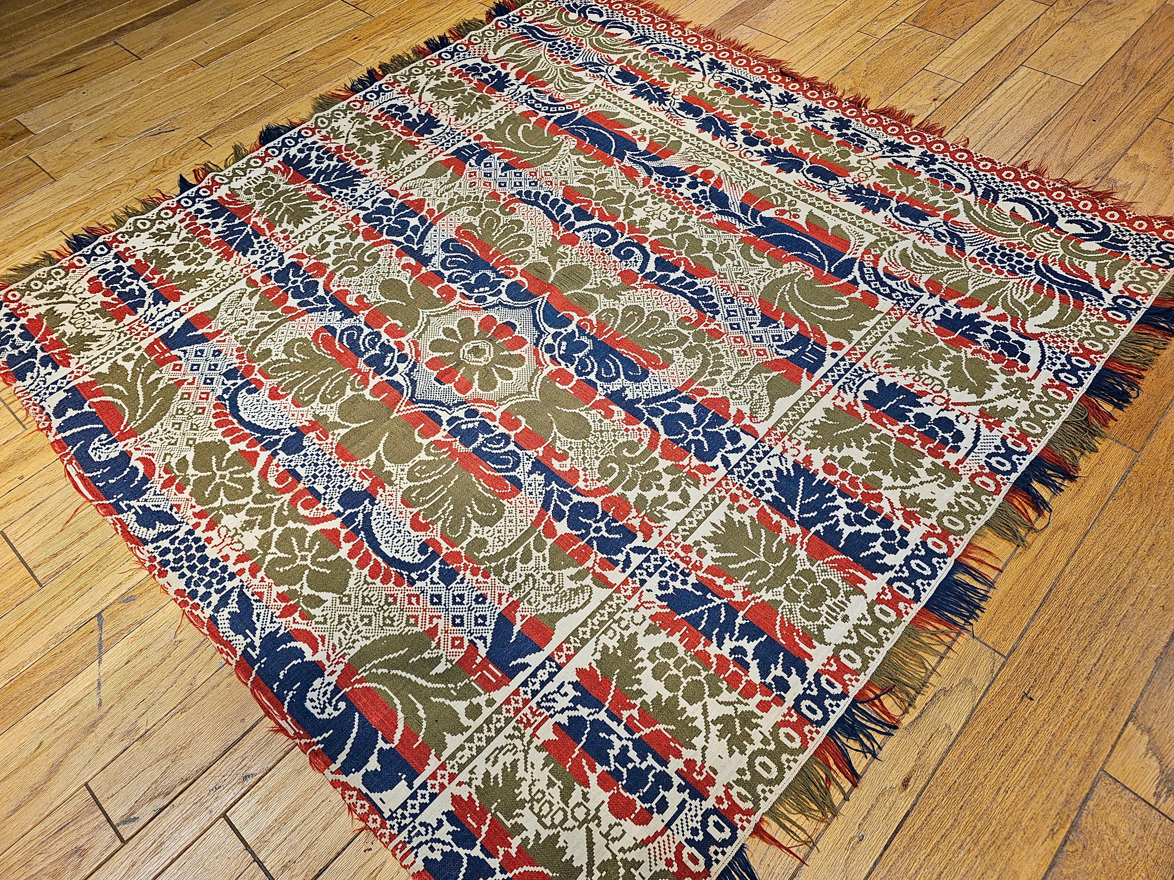 19th Century American Hand-Woven Four Color Coverlet in Red, Navy, Green, Ivory For Sale 7