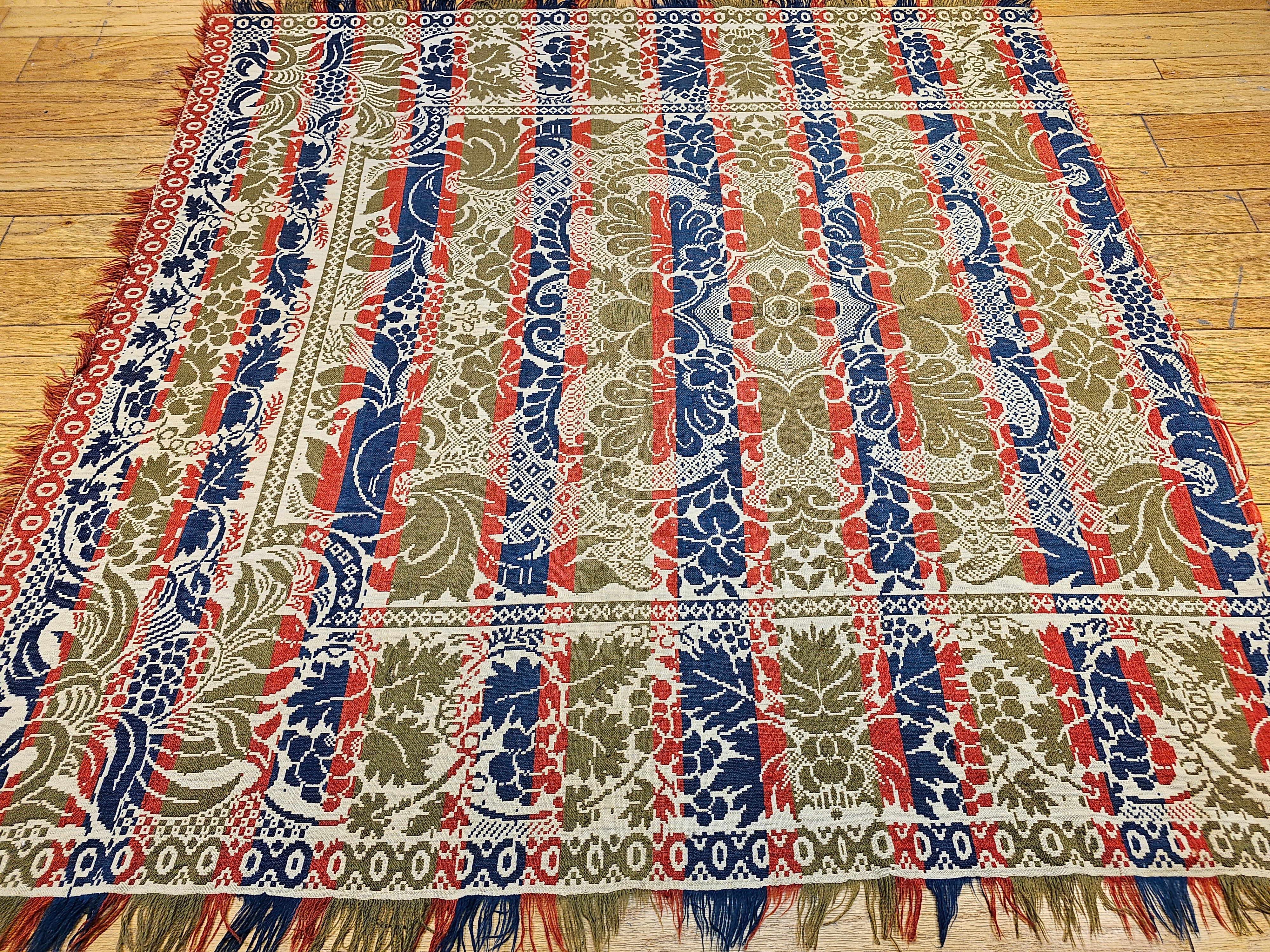 Amerikanische handgewebte Decke des 19. Jahrhunderts in vier Farben: Rot, Marineblau, Grün und Elfenbein im Angebot 5