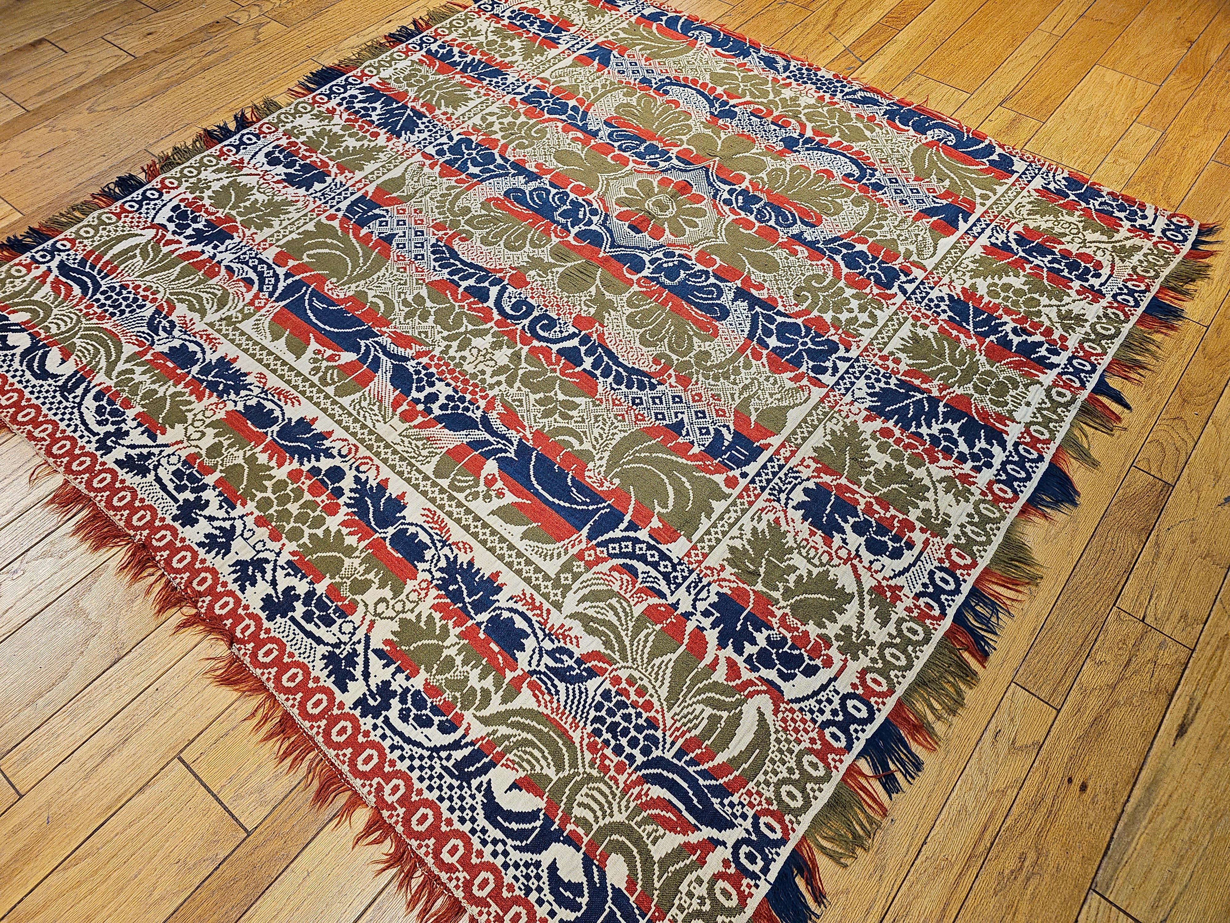 19th Century American Hand-Woven Four Color Coverlet in Red, Navy, Green, Ivory For Sale 10