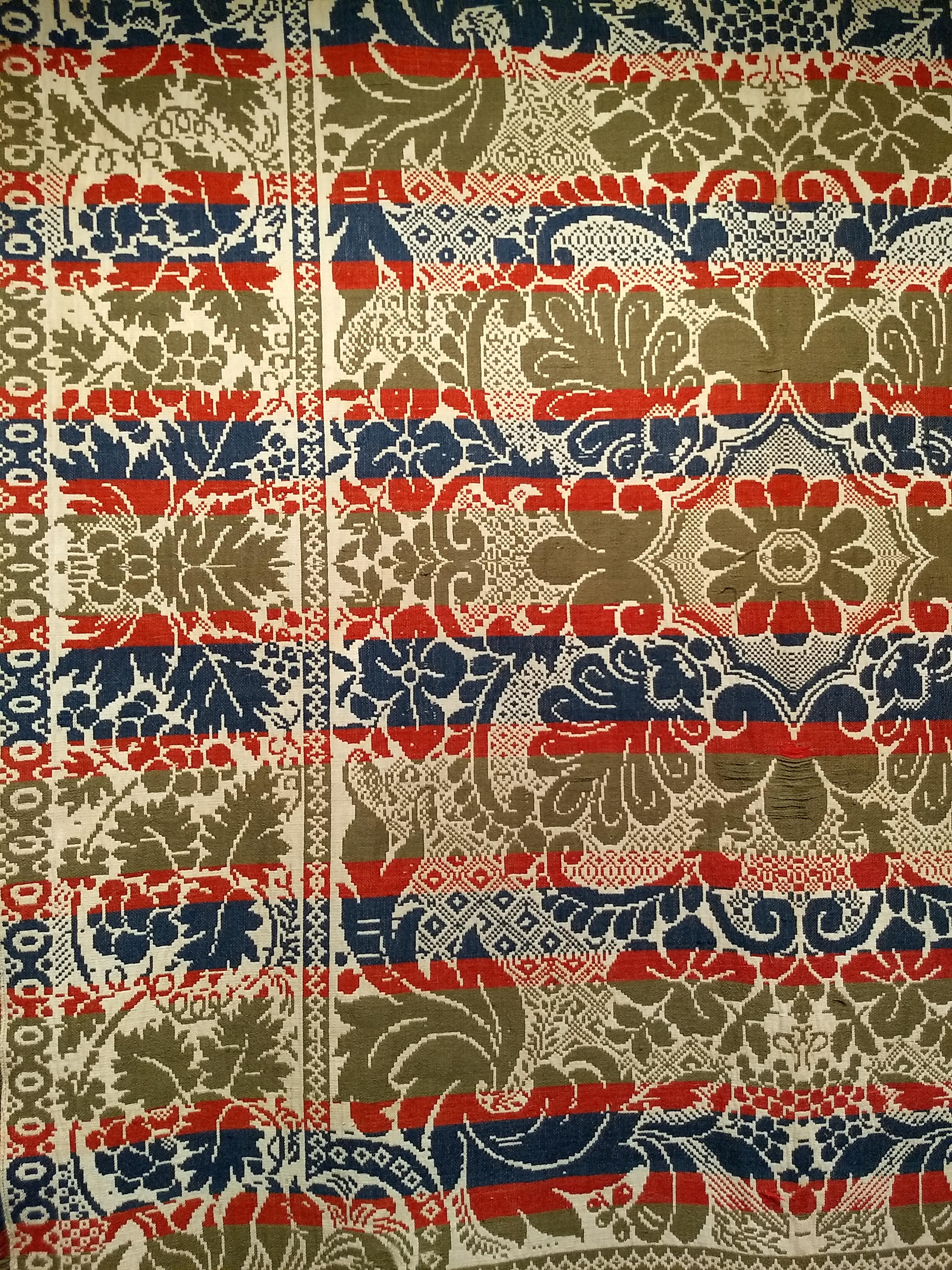 Amerikanische handgewebte Decke des 19. Jahrhunderts in vier Farben: Rot, Marineblau, Grün und Elfenbein im Zustand „Gut“ im Angebot in Barrington, IL