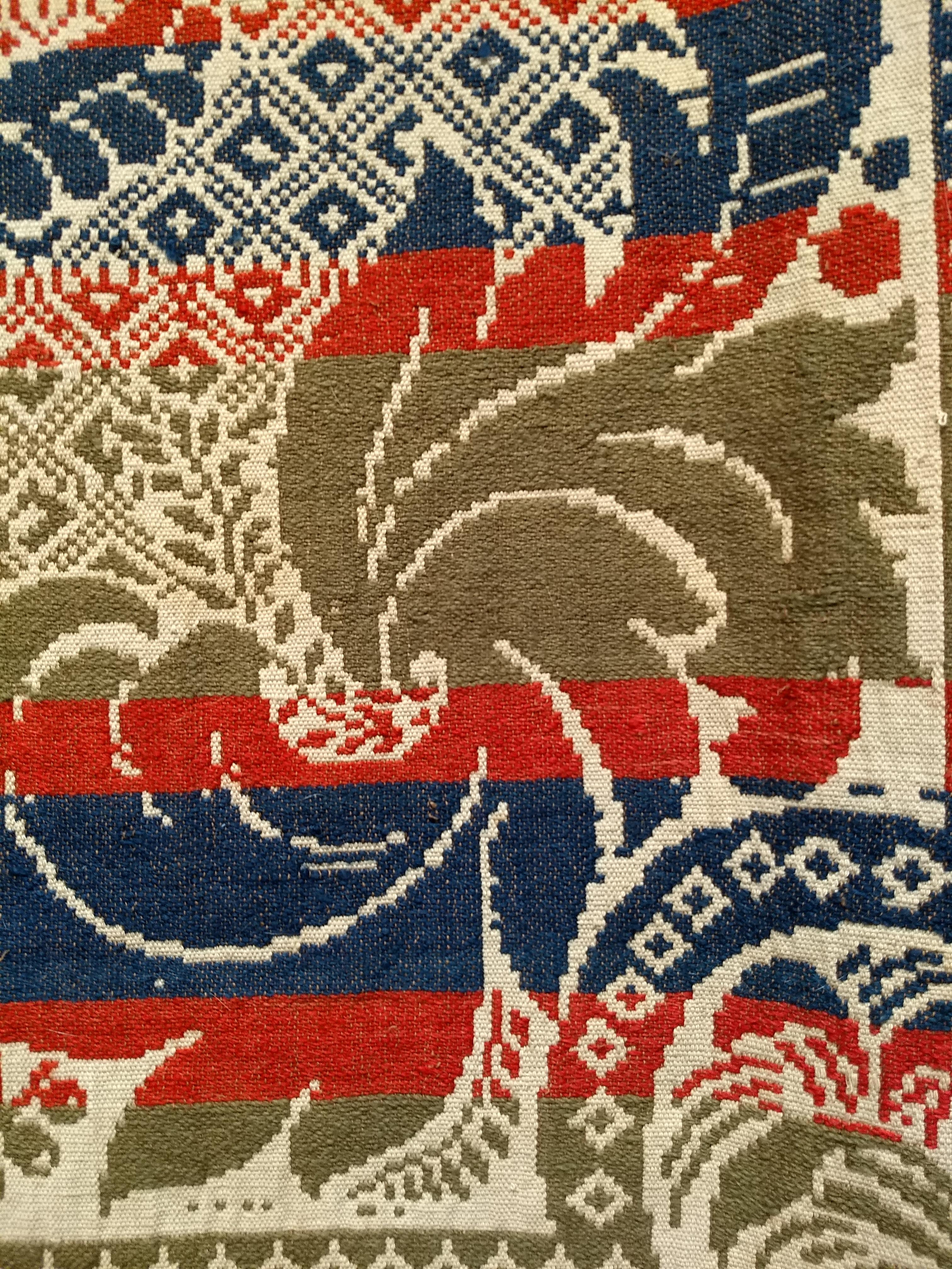 19th Century American Hand-Woven Four Color Coverlet in Red, Navy, Green, Ivory For Sale 4
