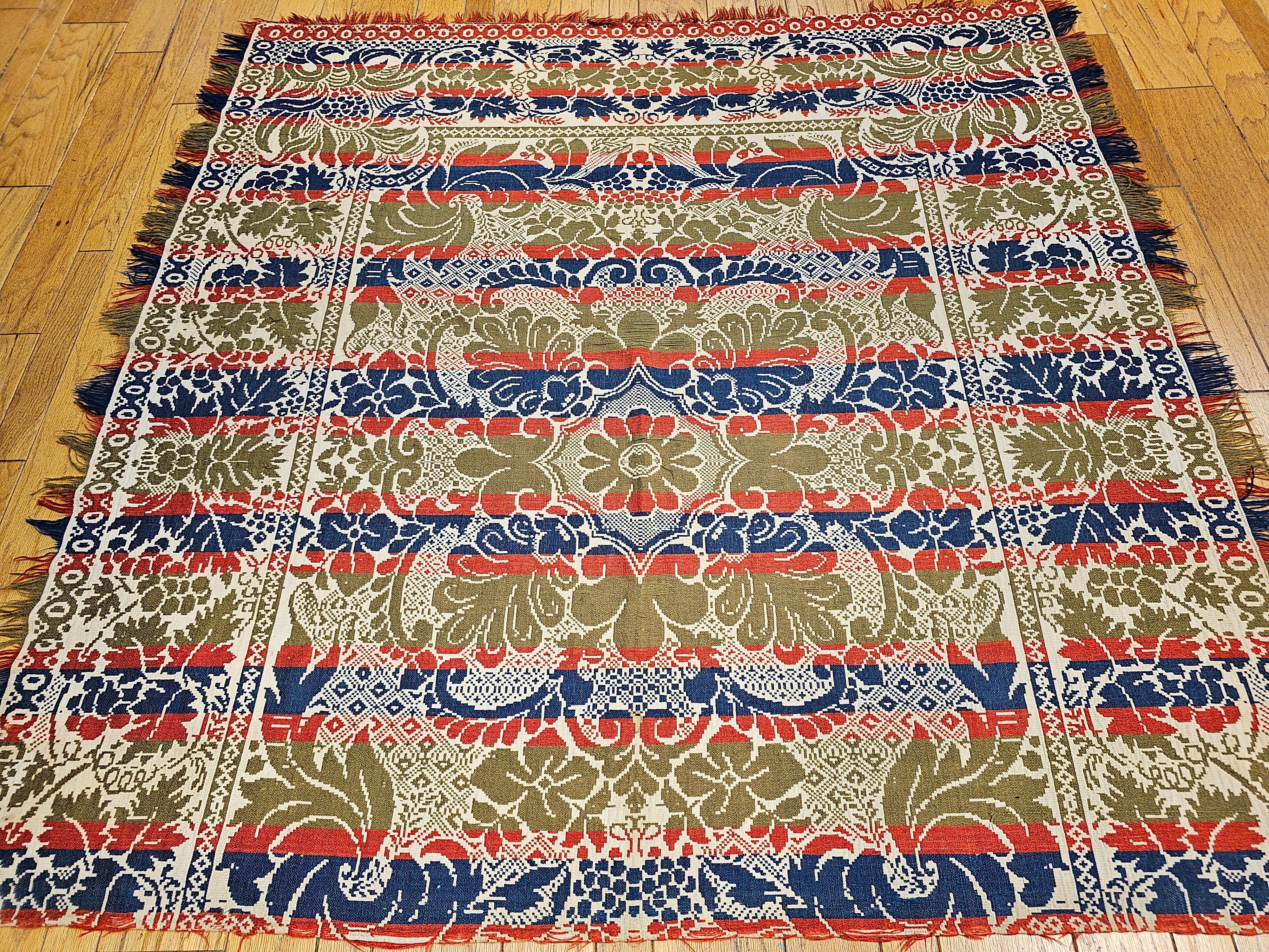 19th Century American Hand-Woven Four Color Coverlet in Red, Navy, Green, Ivory For Sale 5