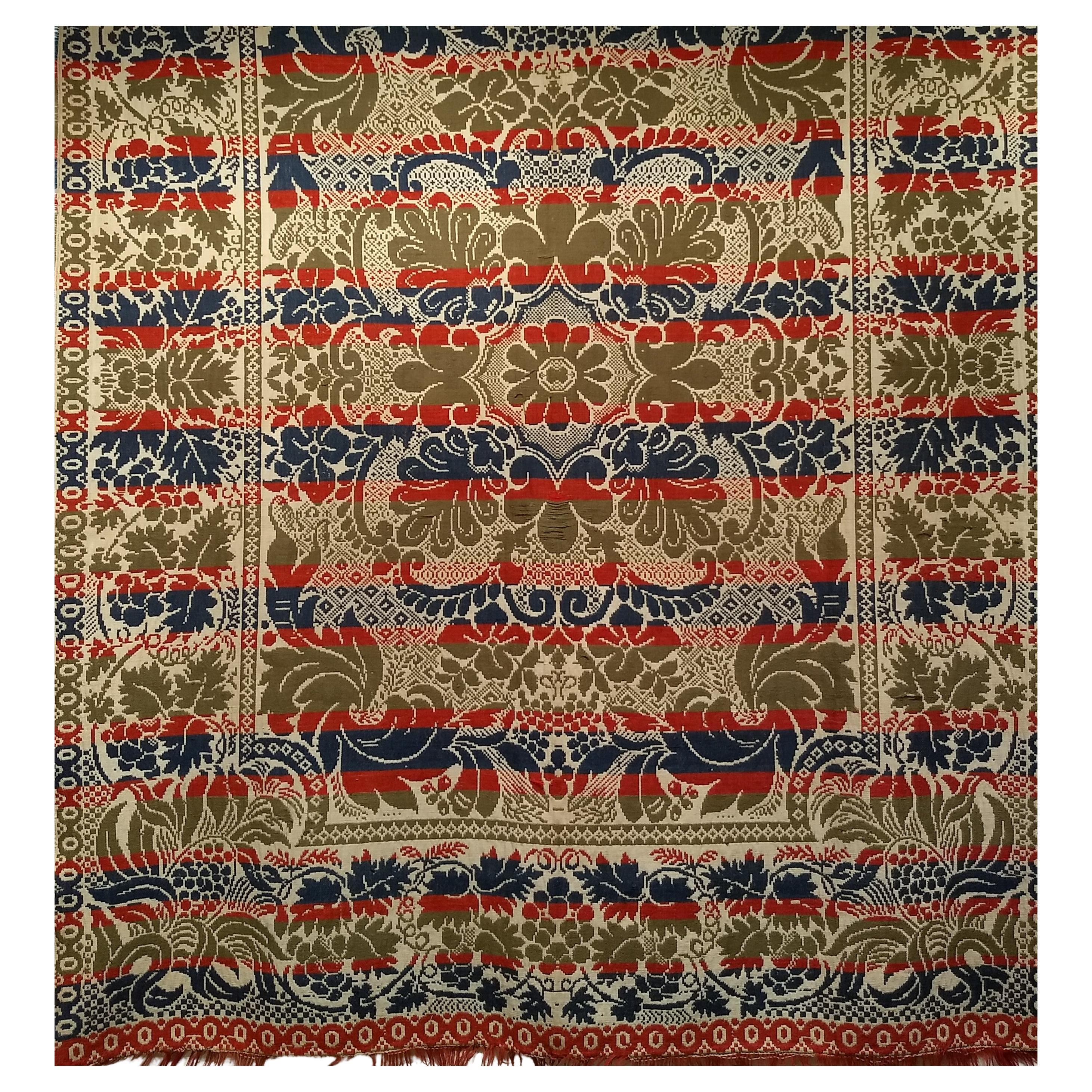 19th Century American Hand-Woven Four Color Coverlet in Red, Navy, Green, Ivory For Sale