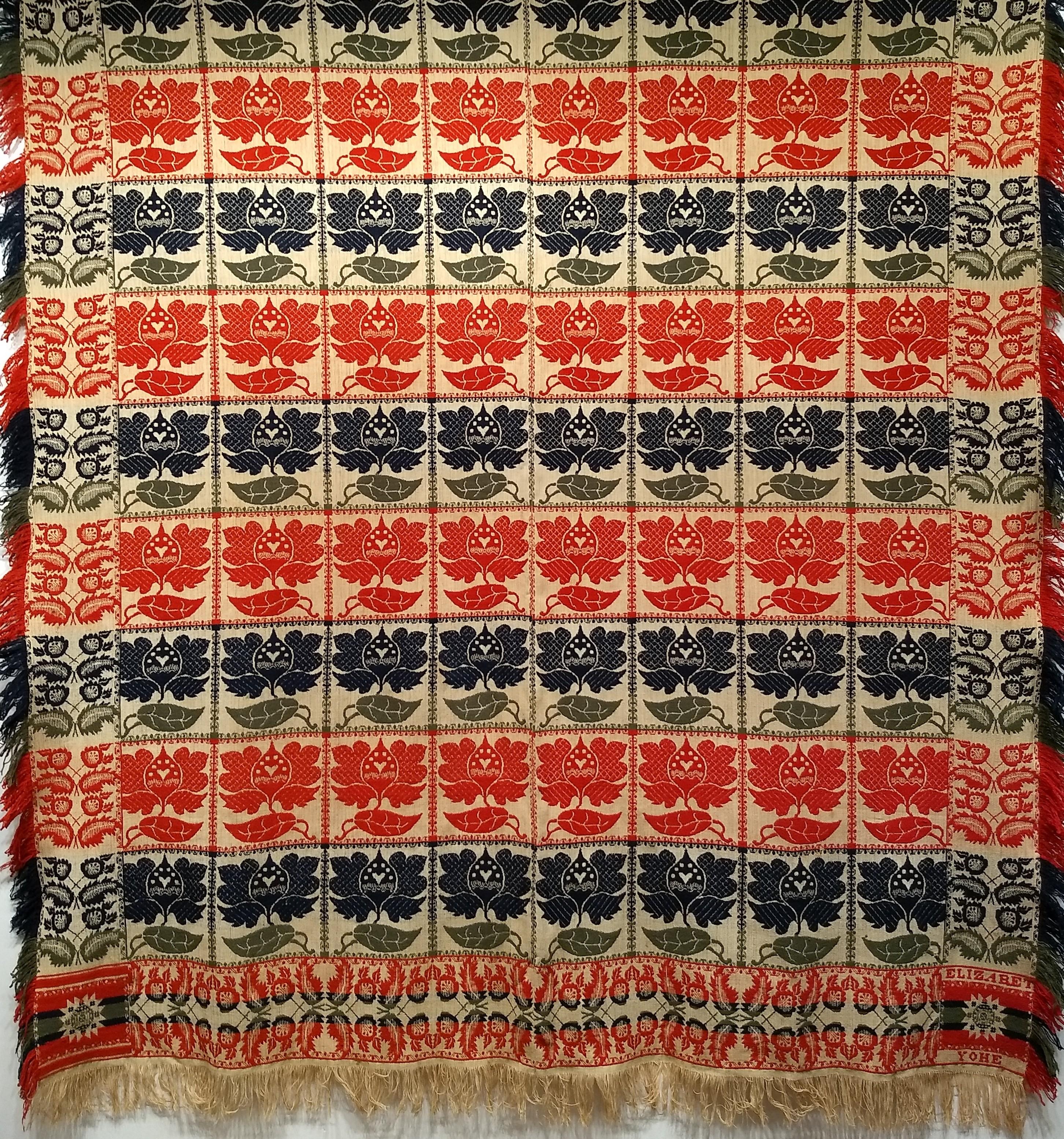 19th Century American Hand Woven Four Color Coverlet in Red, Navy, Green, Straw For Sale 4