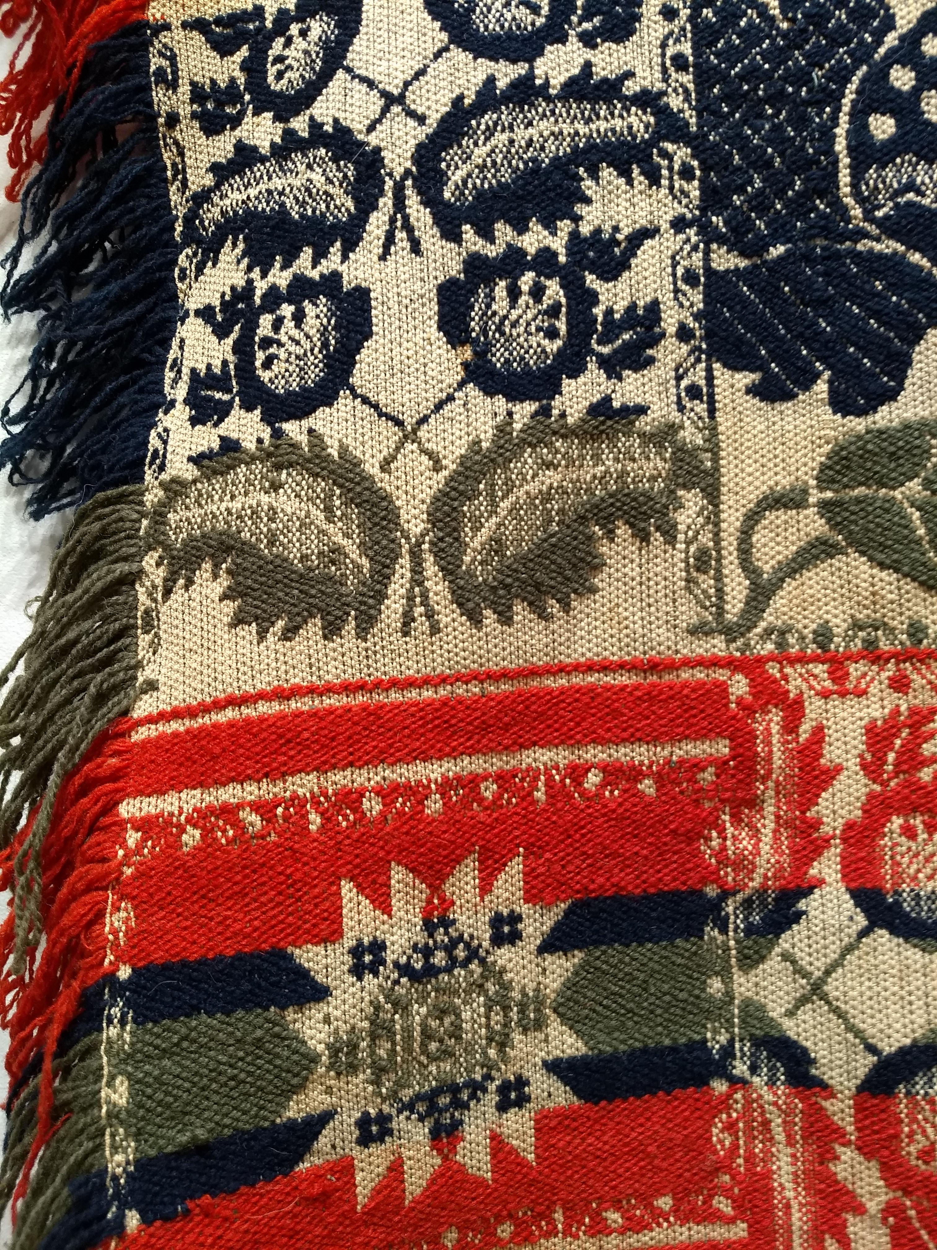 Wool 19th Century American Hand Woven Four Color Coverlet in Red, Navy, Green, Straw For Sale