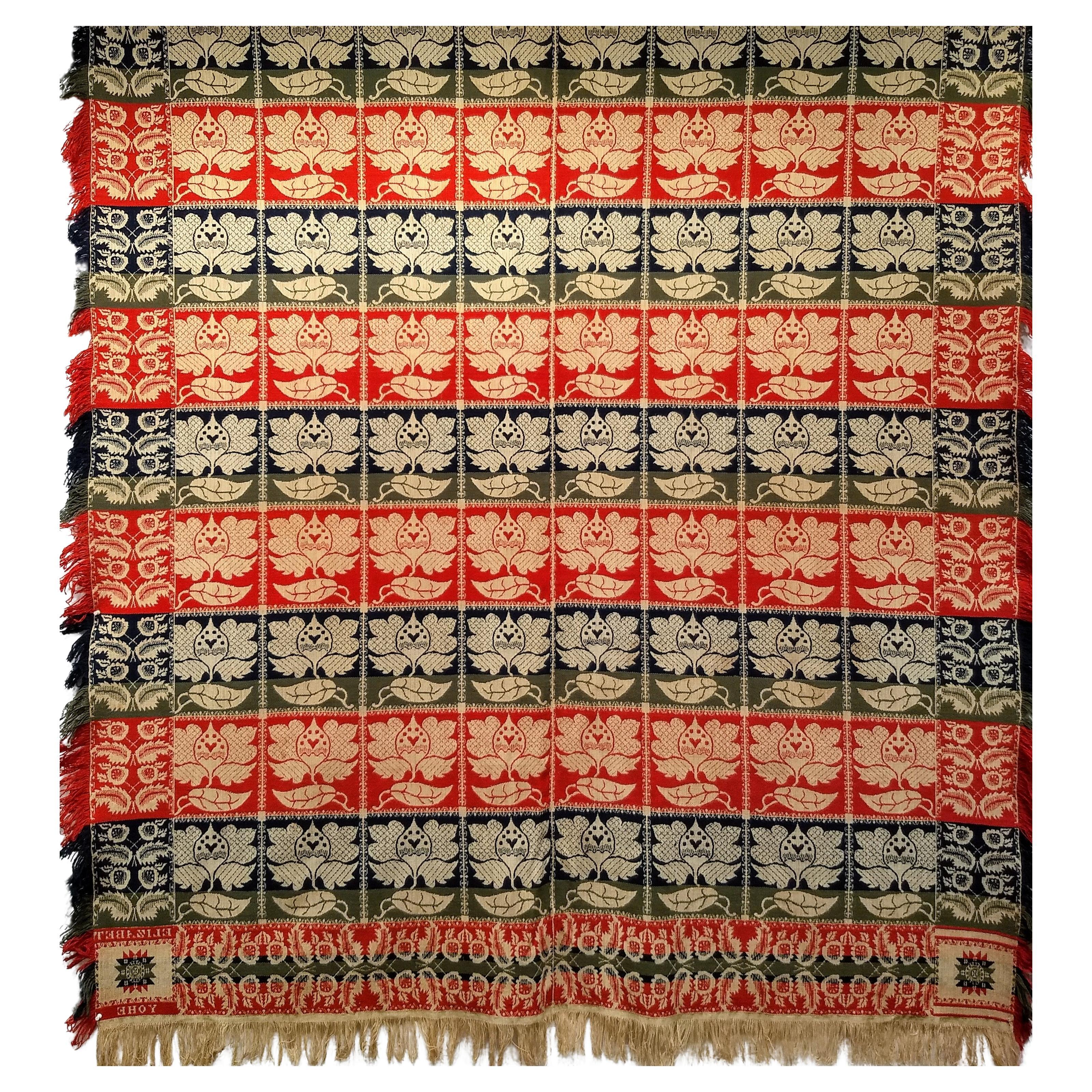 19th Century American Hand Woven Four Color Coverlet in Red, Navy, Green, Straw