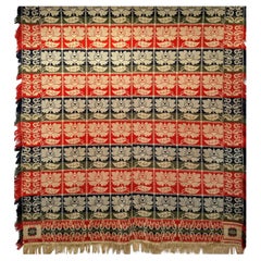 Vintage 19th Century American Hand Woven Four Color Coverlet in Red, Navy, Green, Straw