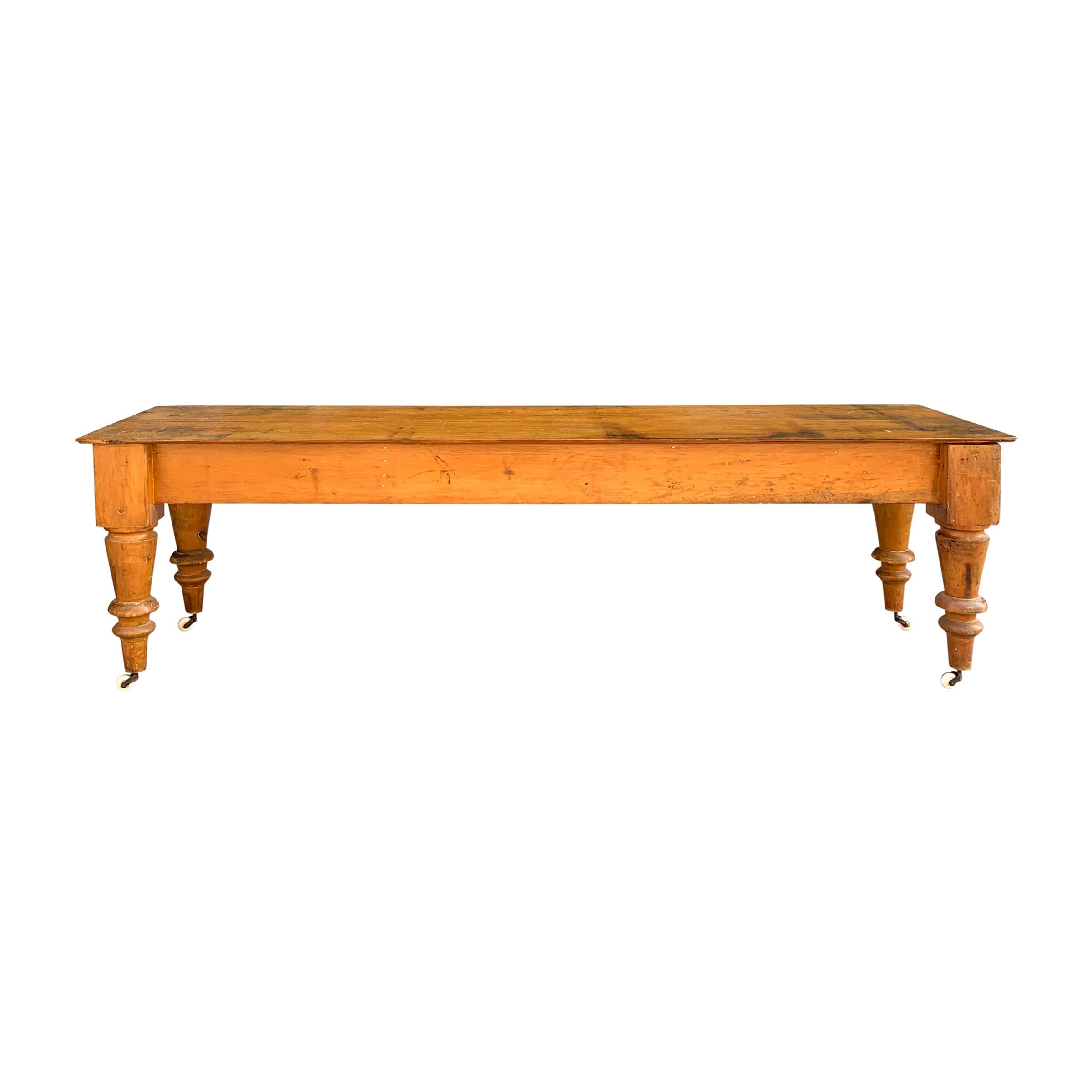 19th Century American Harvest Table with Turned Legs