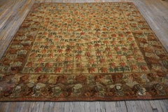 1890s Beige FolkArt Leaf Antique American Hooked Rug 8'8"x8'9" Woven Wool Carpet
