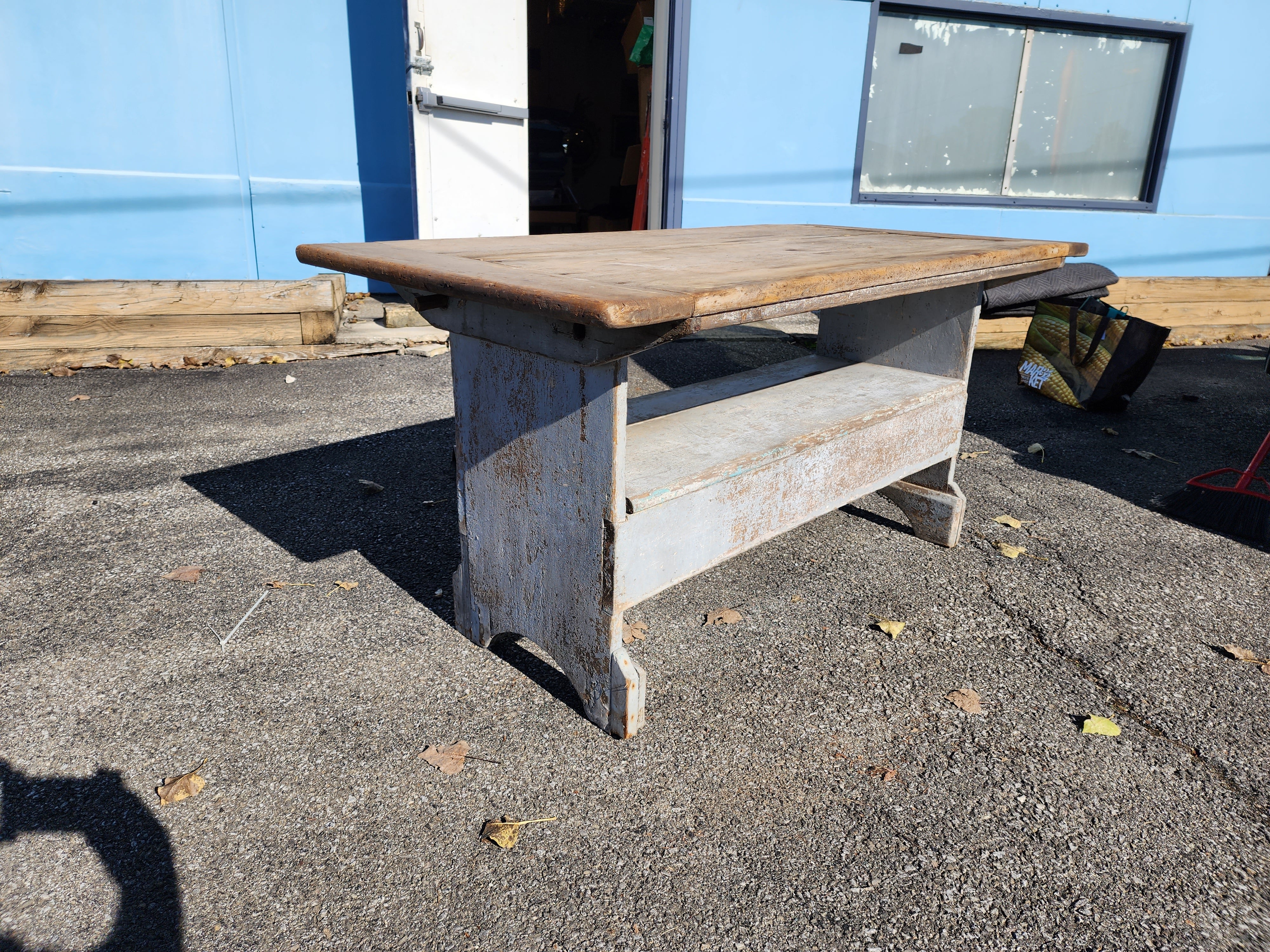 19th century American hutch table. Circa 1840 likely Hudson Valley. Retaining old blue paint and gorgeous patina scrub scrubtop. Excellent as a desk, work table, center table, library table, sofa table, console or flip up the top and it becomes a