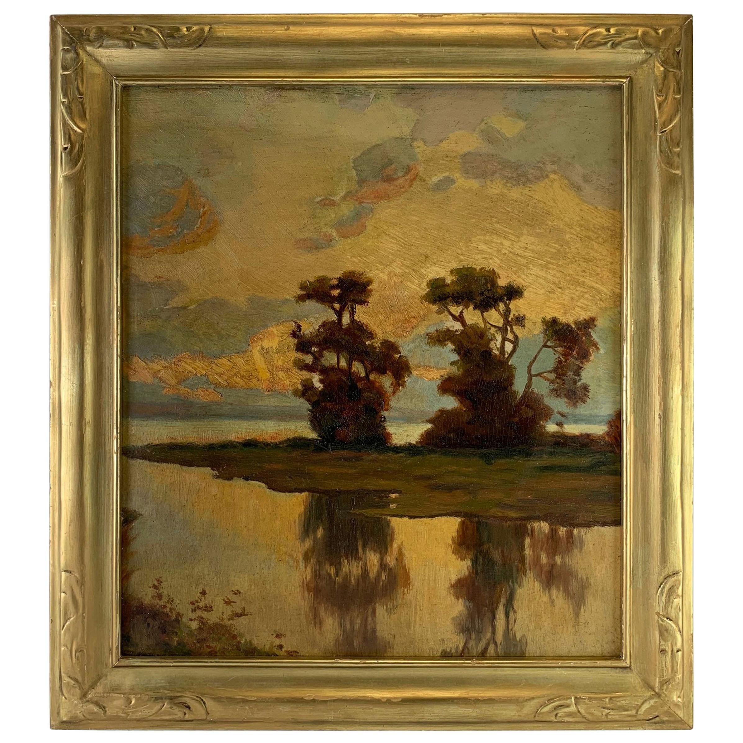 19th Century American Impressionist Oil Landscape Signed R. Lewis