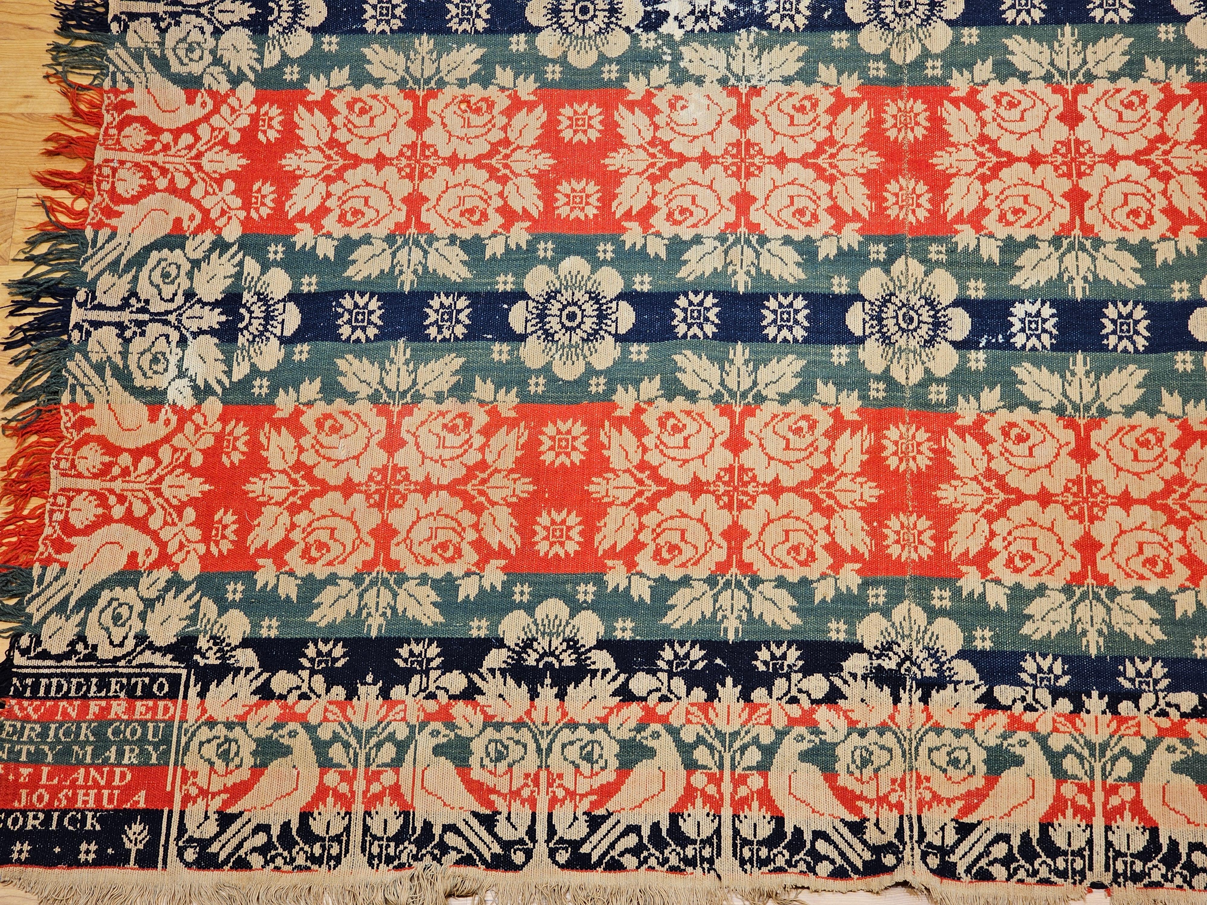 Hand-Crafted 19th Century American Jacquard Coverlet by Joshua Corick, Frederick County, MD For Sale