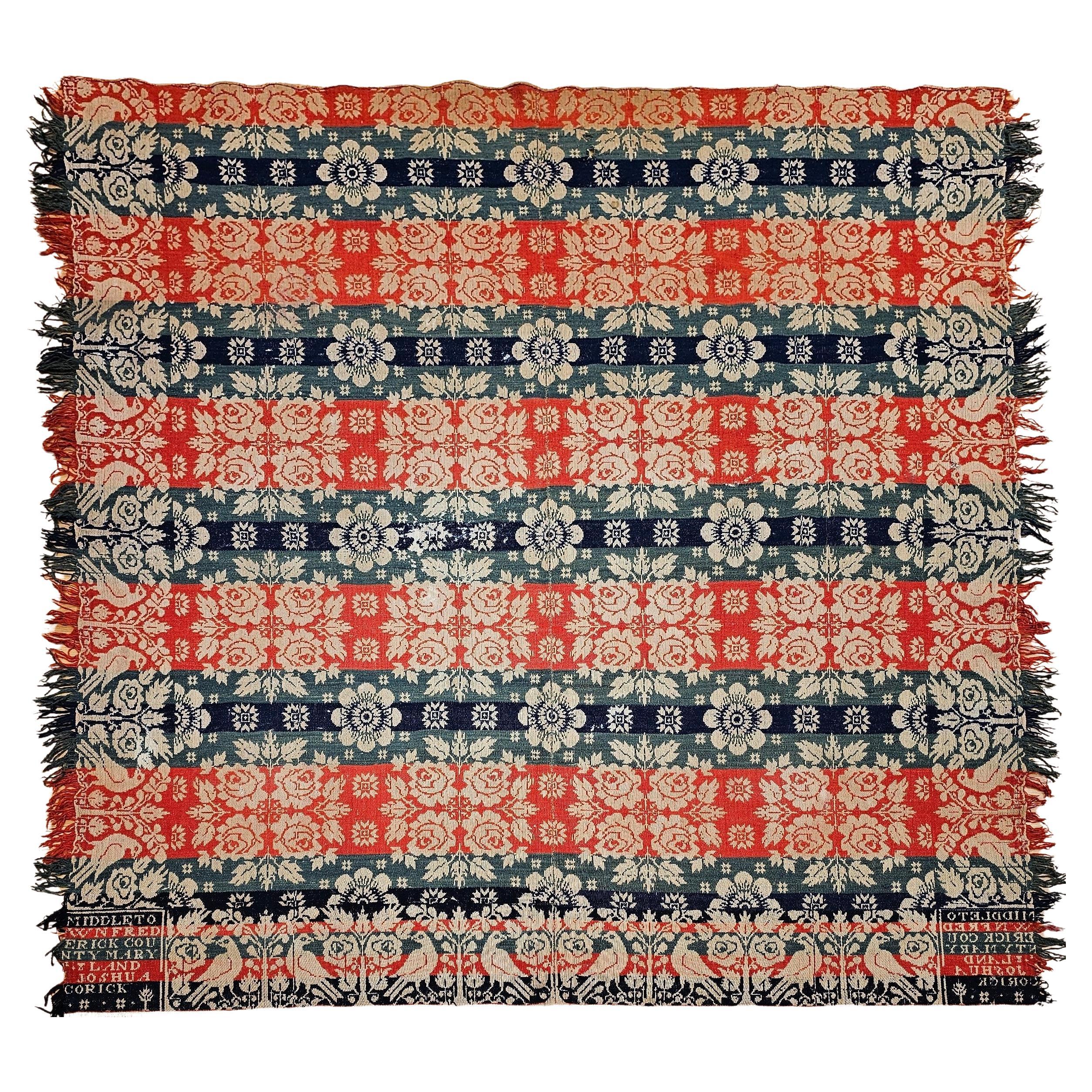 19th Century American Jacquard Coverlet by Joshua Corick, Frederick County, MD For Sale