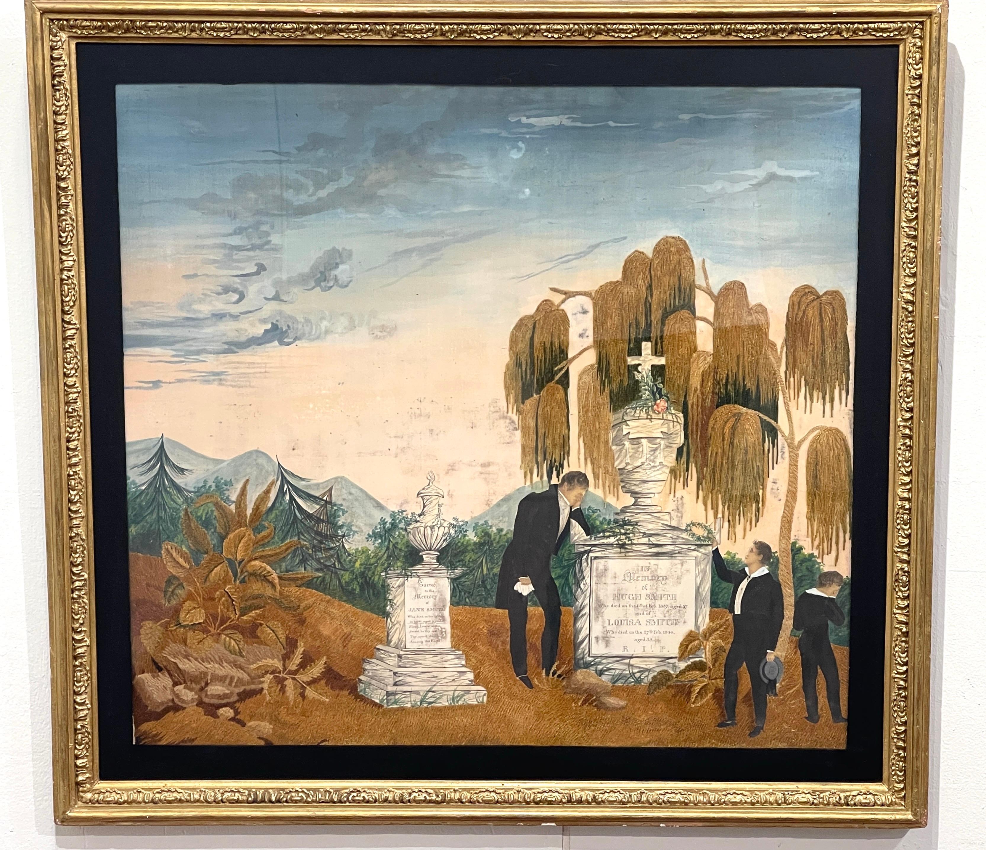 Ein außergewöhnliches, großformatiges, museumswürdiges Beispiel für amerikanische Handarbeit des 19. Erstellt  (1840-1854)  

Darstellung einer Landschaft mit einem dunklen Wolkenhimmel, einer Fernsicht auf gemalte Berge und einem Waldhintergrund.