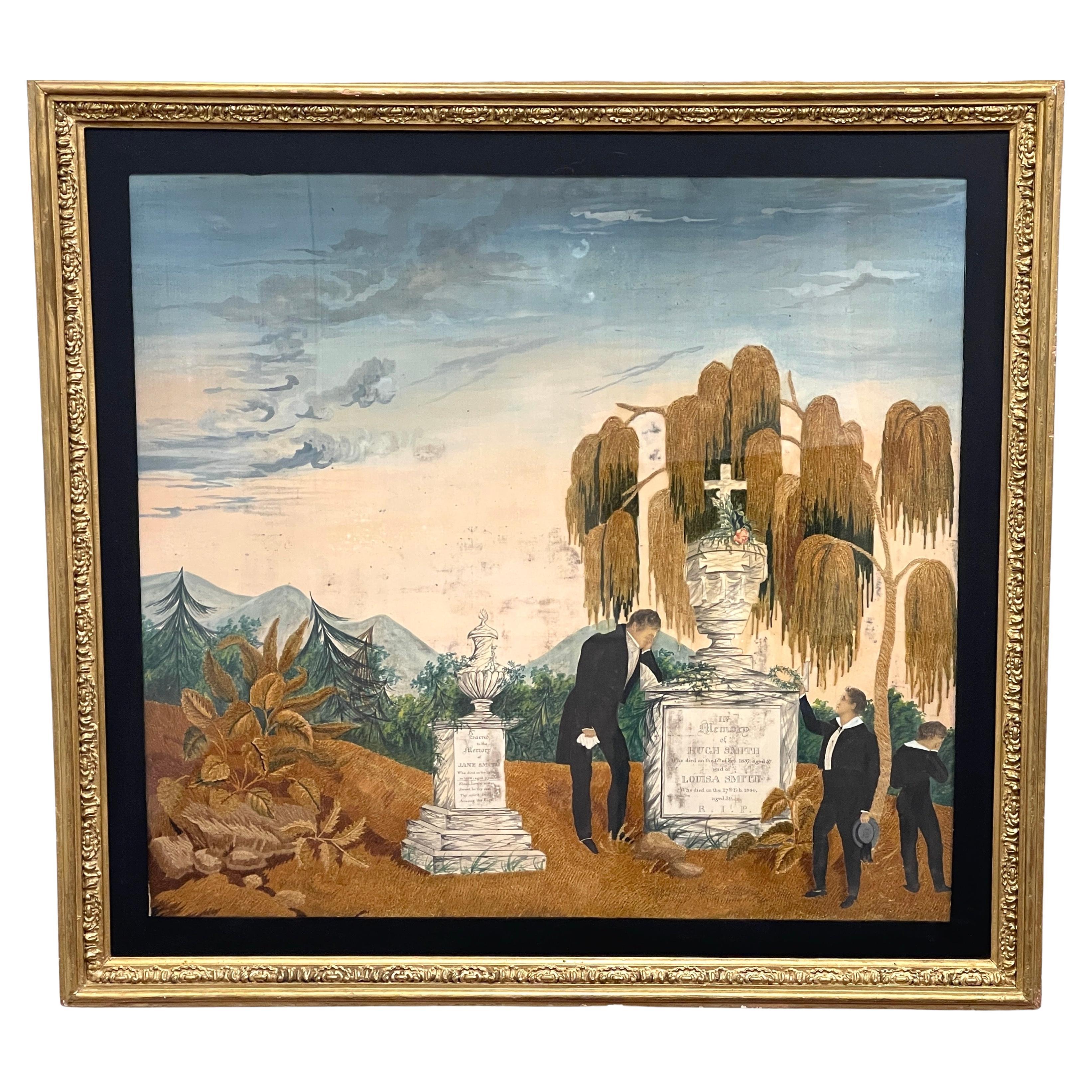 19th Century American Landscape Mourning Silk Embroidery Illustration For Sale