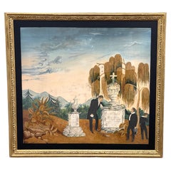 Illustration de broderie en soie du 19e siècle, paysage américain en deuil 