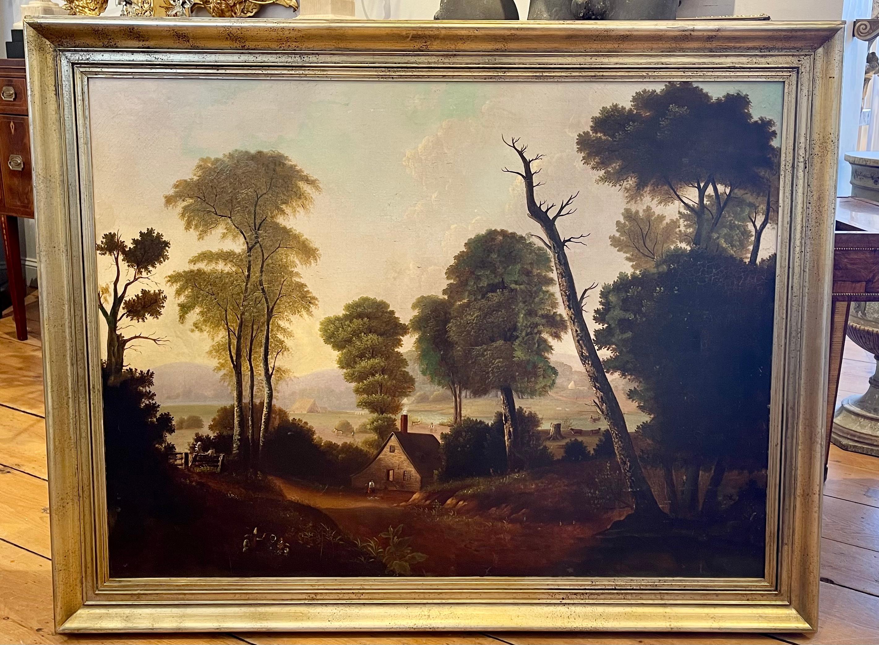 Hand-Painted 19th Century American Landscape Painting in Style of George Caleb Bingham For Sale