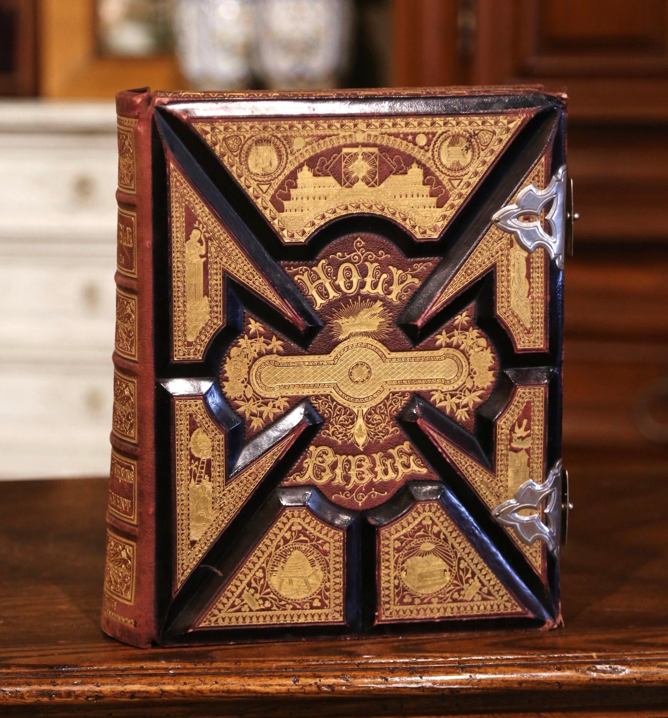 Hand-Crafted 19th Century American Leather Bound and Steel Locks Family Holy Bible Dated 1884