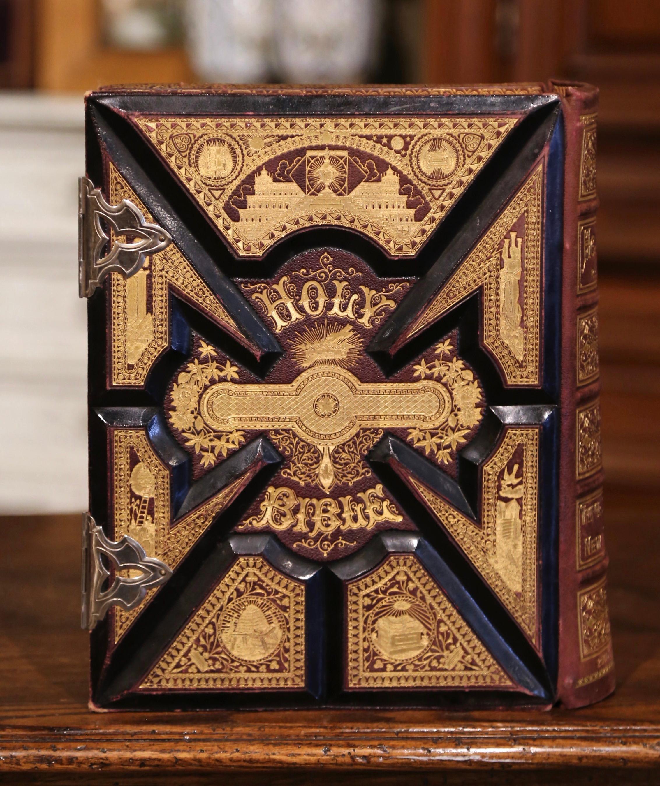 19th Century American Leather Bound and Steel Locks Family Holy Bible Dated 1884 1