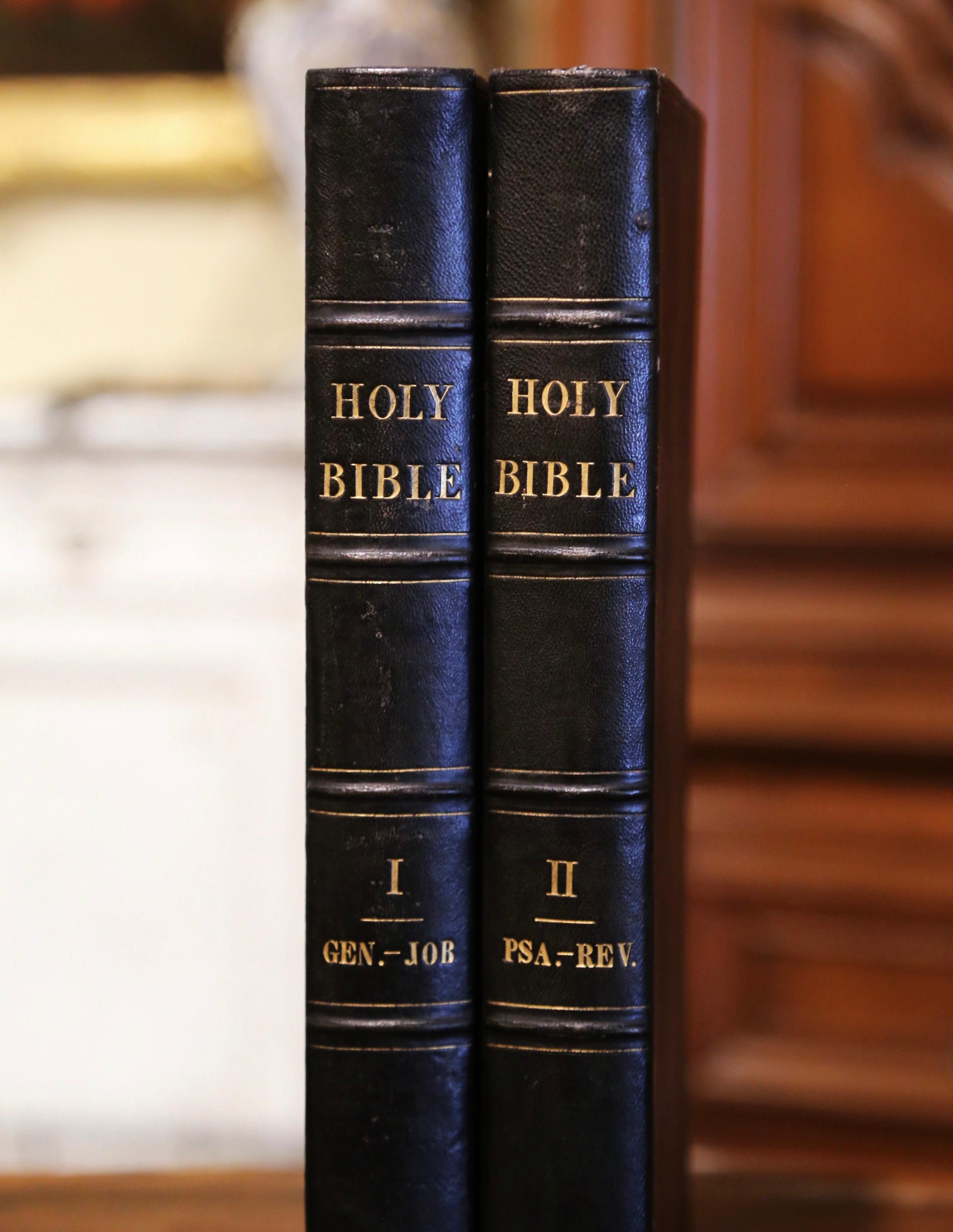 Hand-Crafted 19th Century American Leather Bound Holy Bibles Dated 1822, Two Volumes