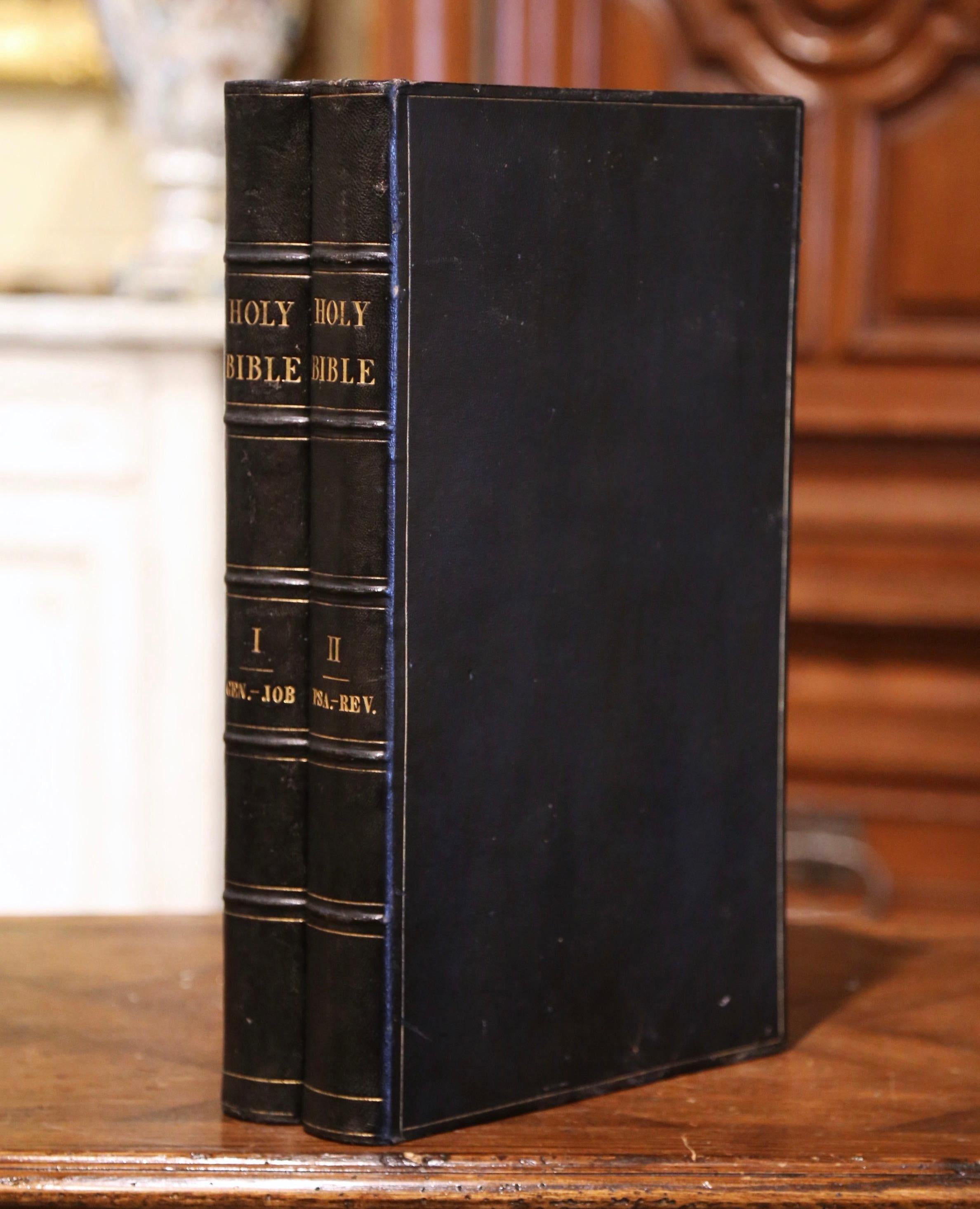 19th Century American Leather Bound Holy Bibles Dated 1822, Two Volumes In Excellent Condition In Dallas, TX