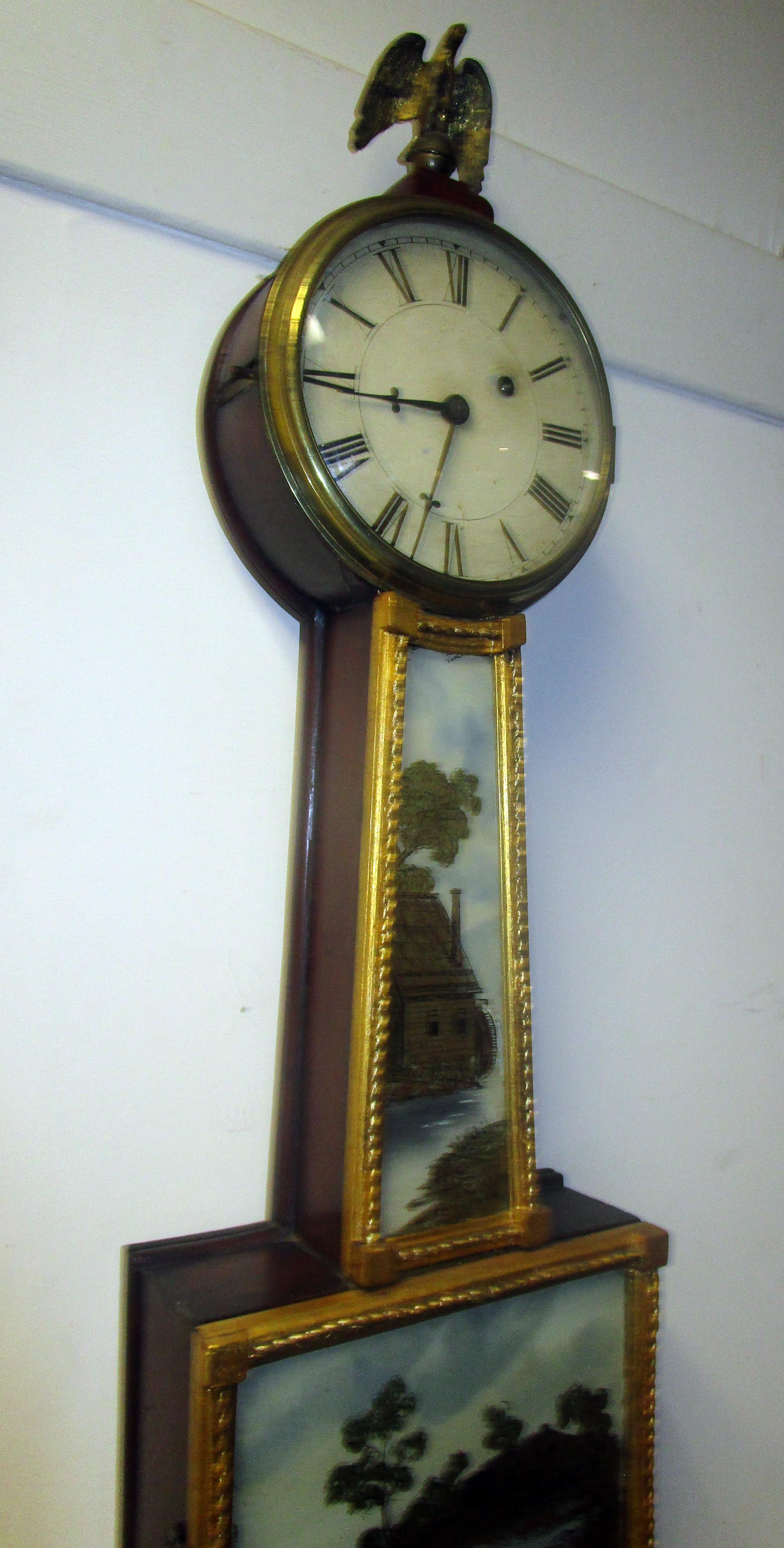 Enameled 19th Century American Mahogany and Églomisé Banjo Clock