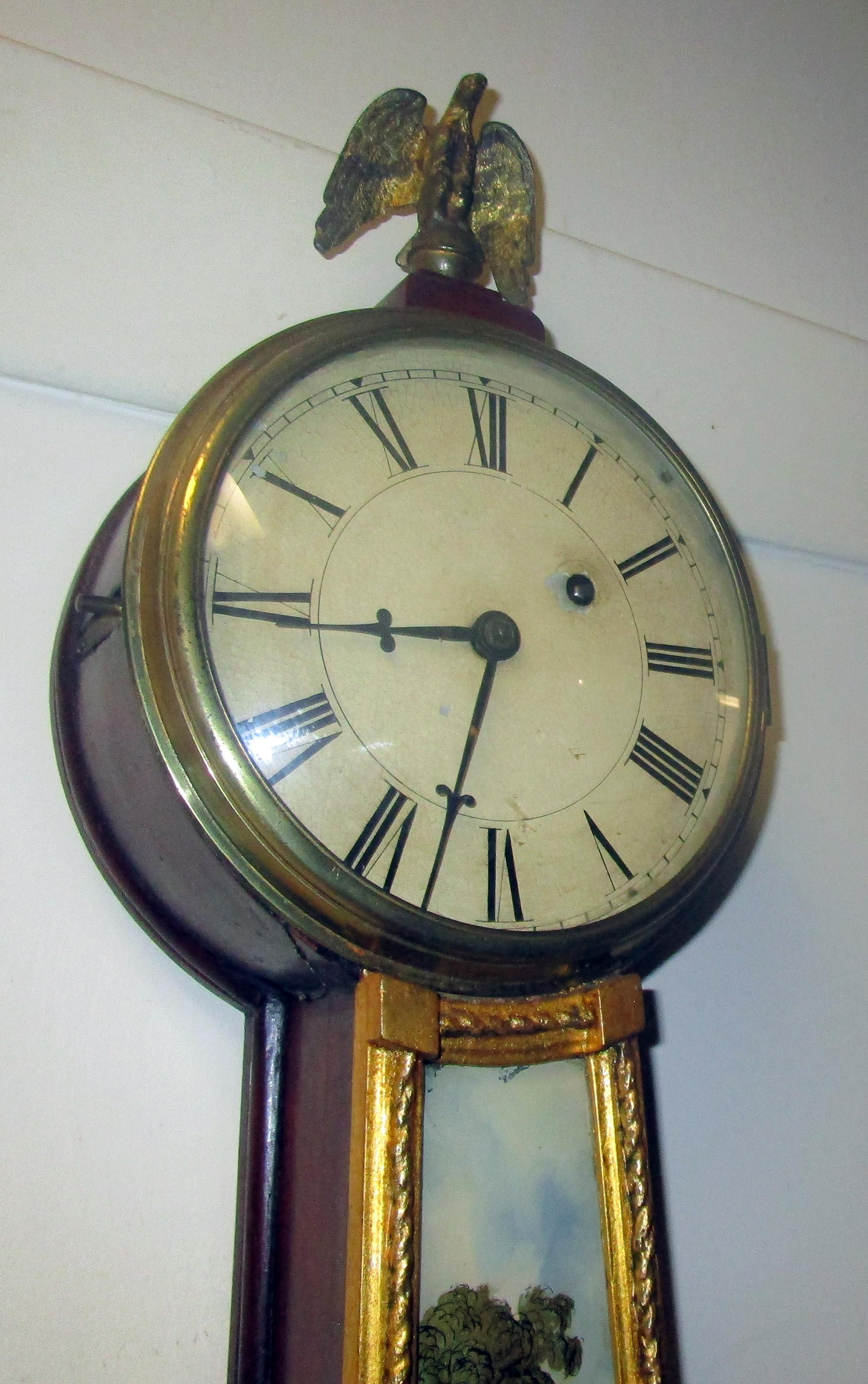 19th Century American Mahogany and Églomisé Banjo Clock 1