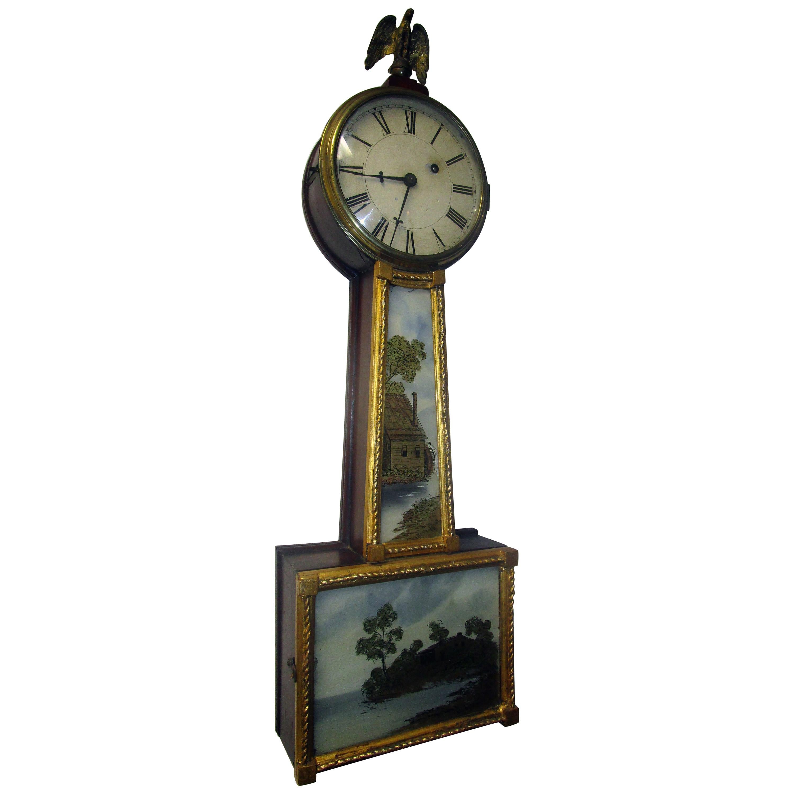 19th Century American Mahogany and Églomisé Banjo Clock