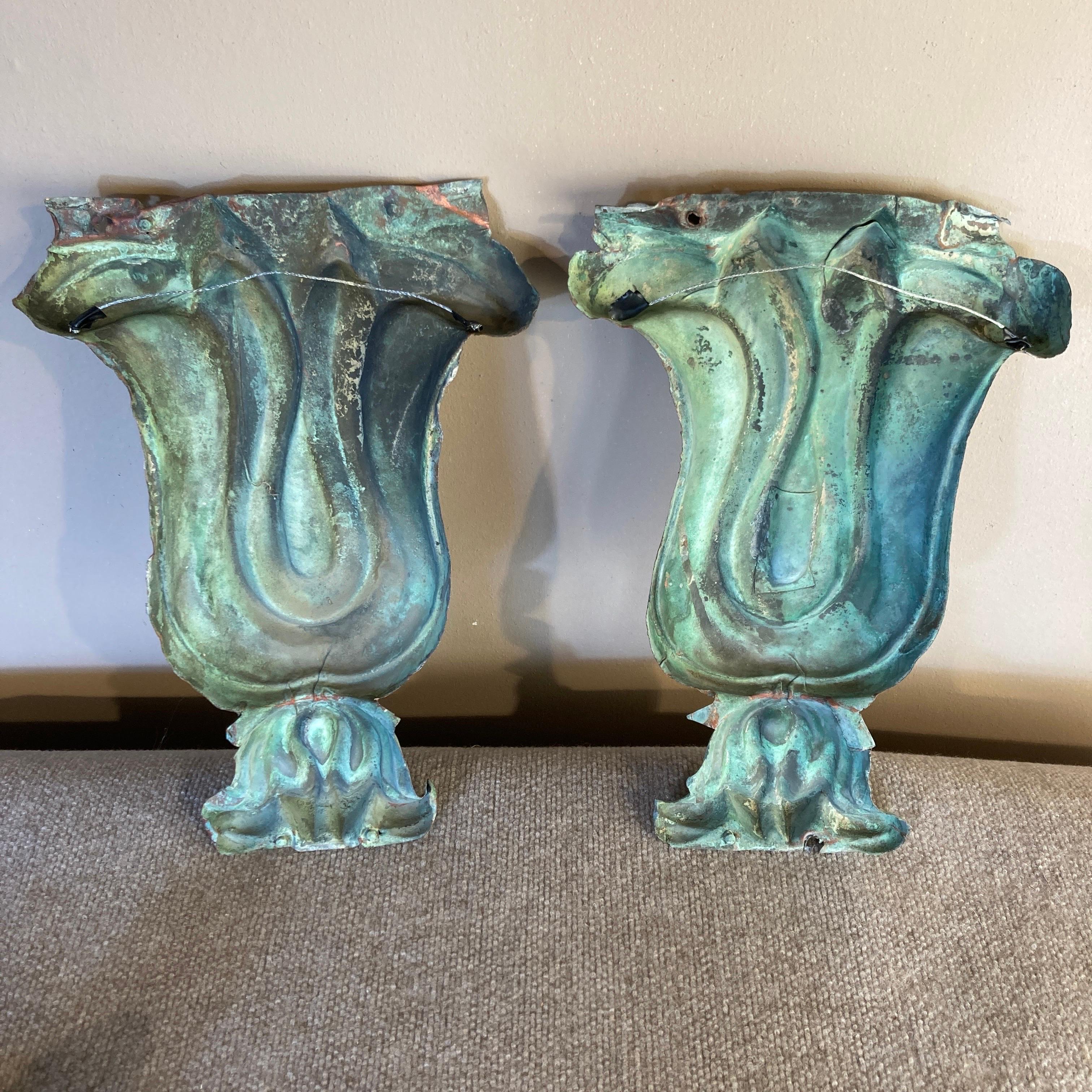 Pair of circa 1880 American molded copper architectural building ornaments in the best original verdigris surface. Now wired for hanging. Supper original surface.