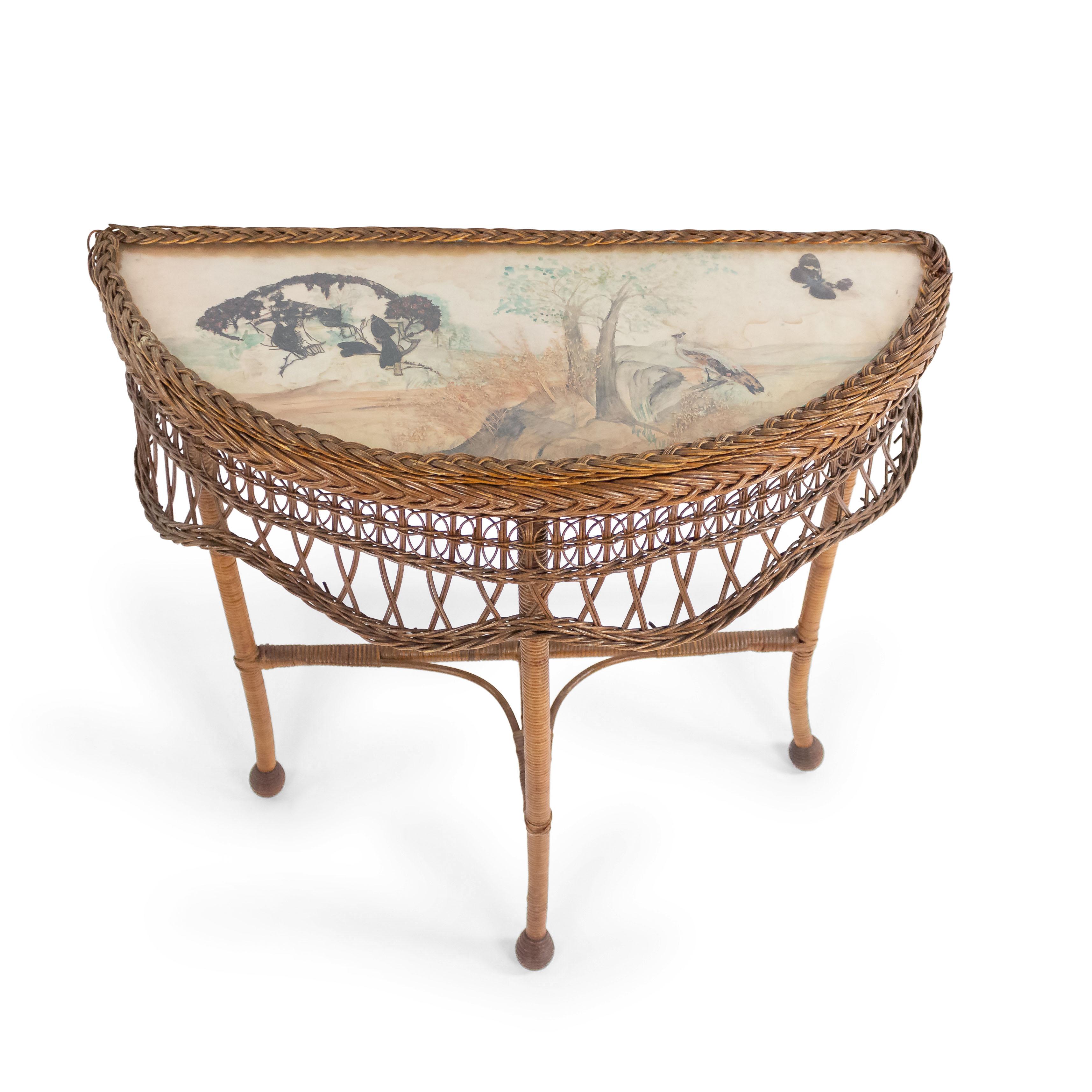 American natural wicker demi-lune 19th century console table with a filigree apron and decorated top with butterflies and feather work under glass.

