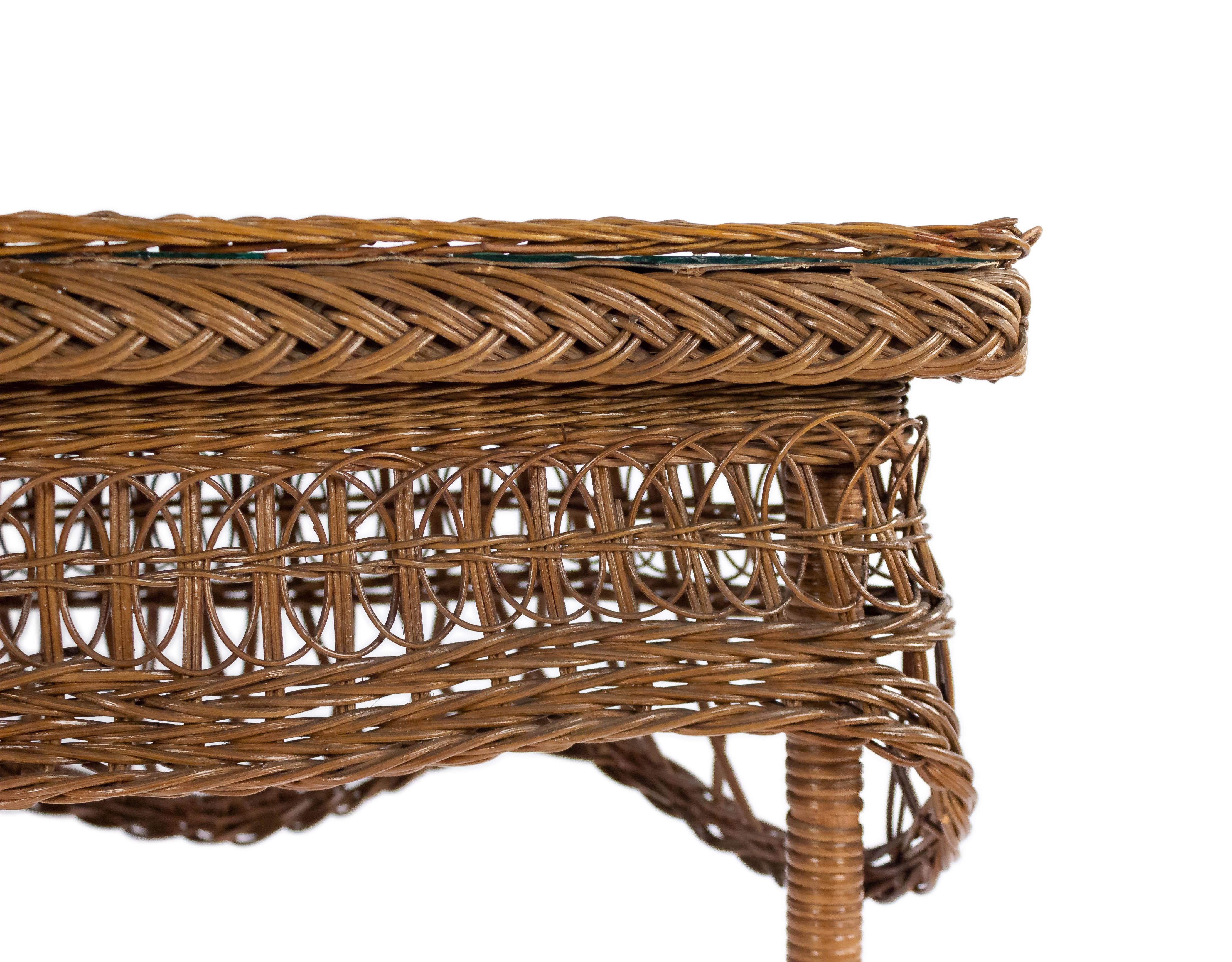 Découpage 19th Century American Wicker Console Table with Glass Top