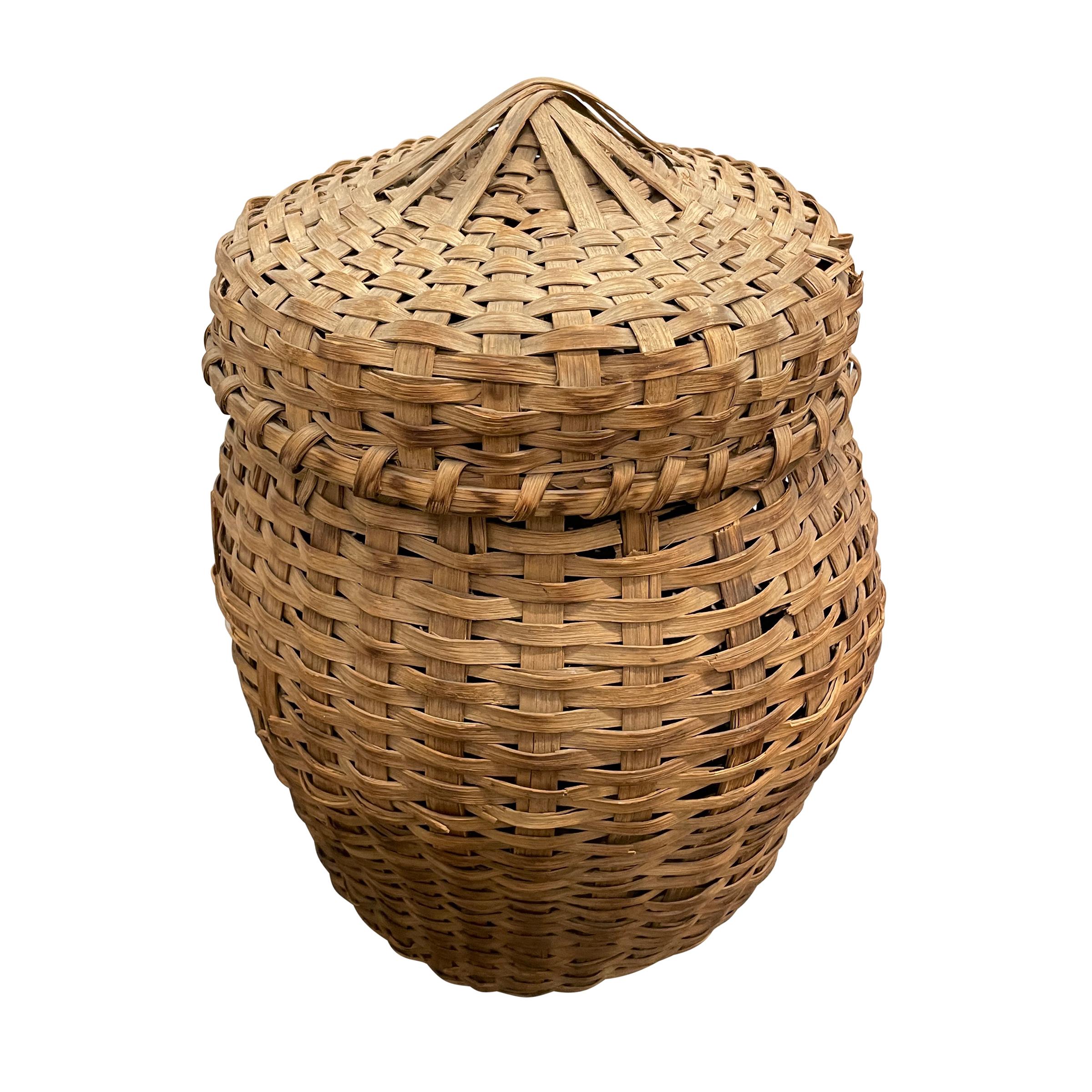 Rustic 19th Century American Oak Splint Feather Basket